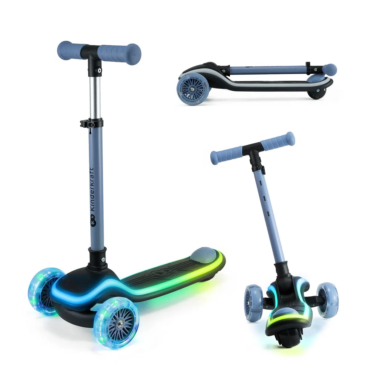 Kinderkraft RAKET Monopattino Bambini 2+ Anni a 3 Ruote con Luci LED RGB – Leggero e Pieghevole, Manubrio Regolabile, Sistema di Equilibrio, Freno Sicuro, Blu