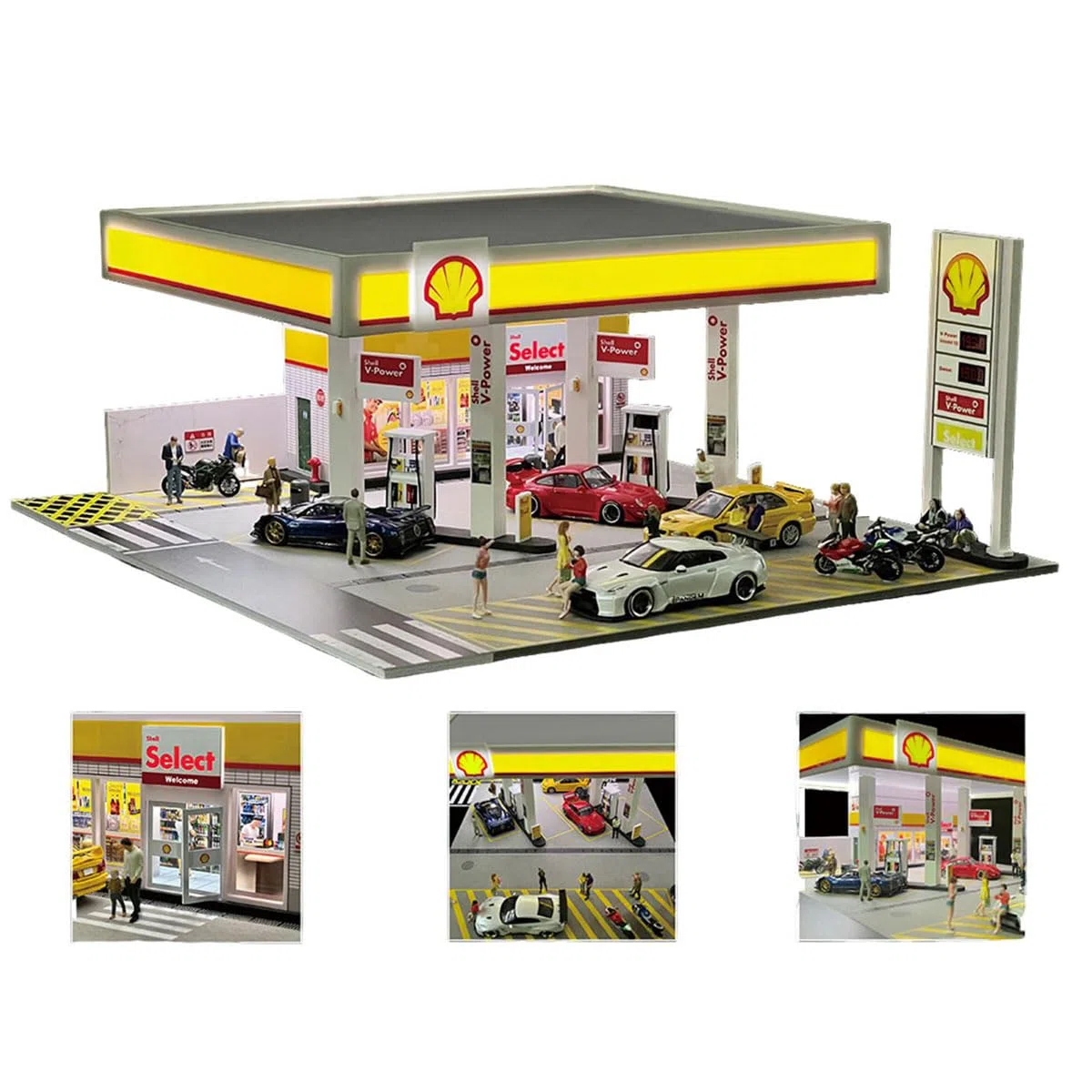1:64 Shell Petrol Station Model Scene, edificio in miniatura con illuminazione e accessori, set di diorama realistico per auto e collezionisti di display