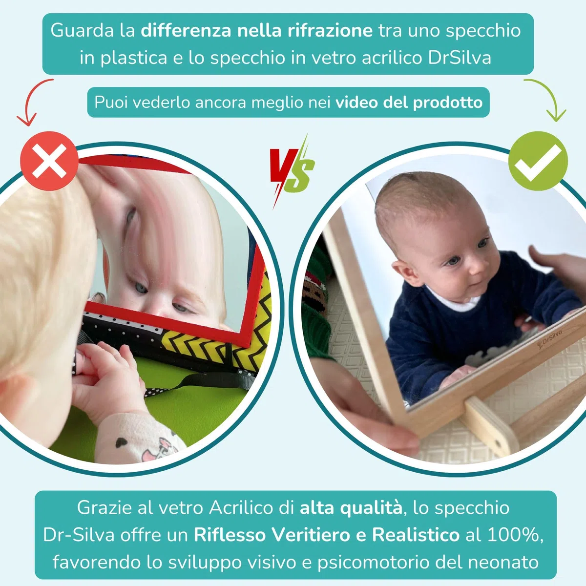 DrSilva Specchio Montessori per Neonati 0-3-6-9-12 mesi Ideale per il Tummy time | Giochi educativi in legno Montessori per bambini