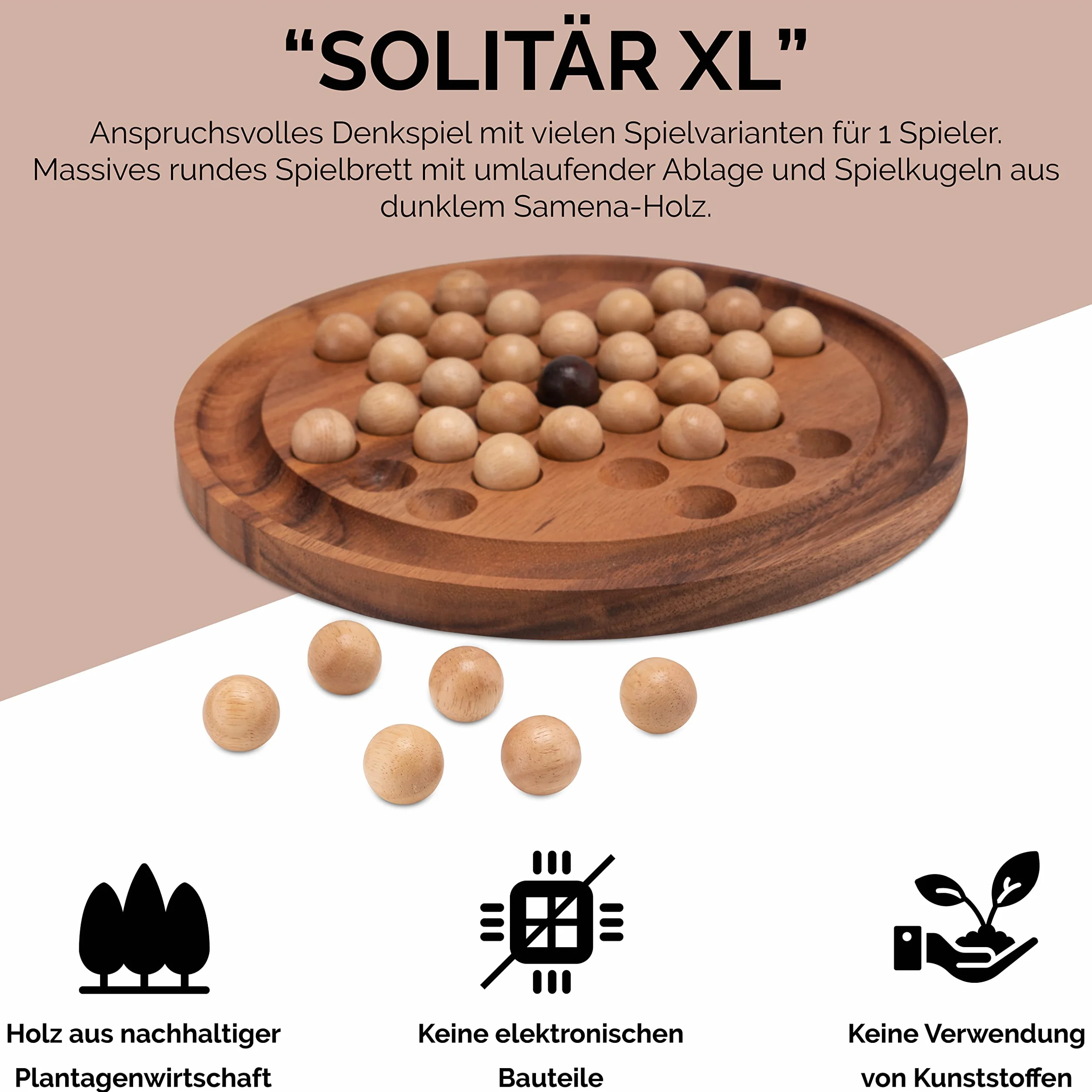 LOGOPLAY Solitario Gr. Xl Rotondo Con Palline, Diametro 26 Cm, Solitario, Rompicapo, Gioco di Indovinelli, Gioco di Pazienza, Gioco di Logica in Legno Di Samena (Marrone)