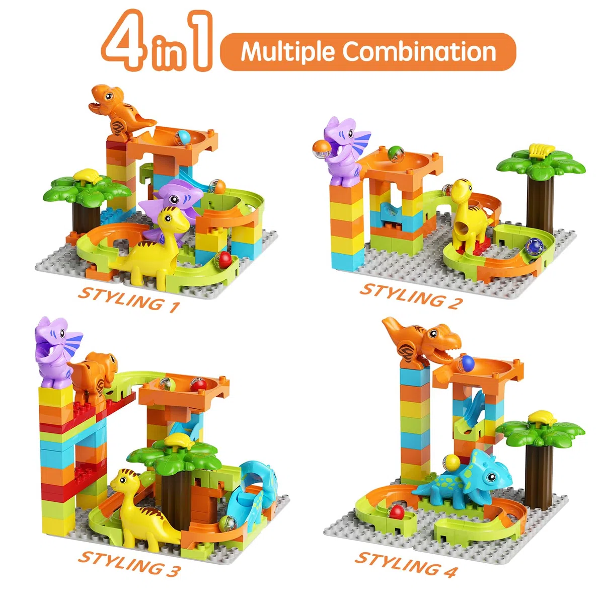 burgkidz Pista di Biglie Dinosauro, 78 Pezzi Piste di Marmo Costruzioni Blocchi Giocattoli, Gioco del Labirinto Interattivo ed Educativo STEM Regalo per Bambini 3+ Anni