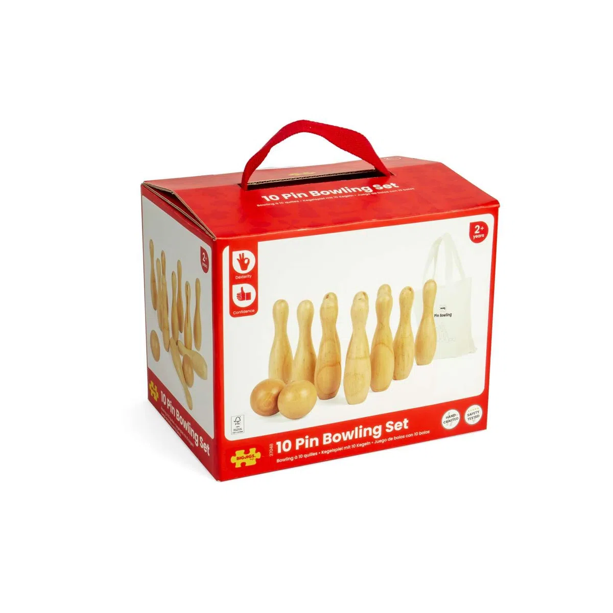 Bigjigs Toys Set da Bowling a 10 spilli, 12 Birilli in Legno, Set da Giardino e Giochi da Prato, Regali ecologici per Bambini dai 2 Anni in su