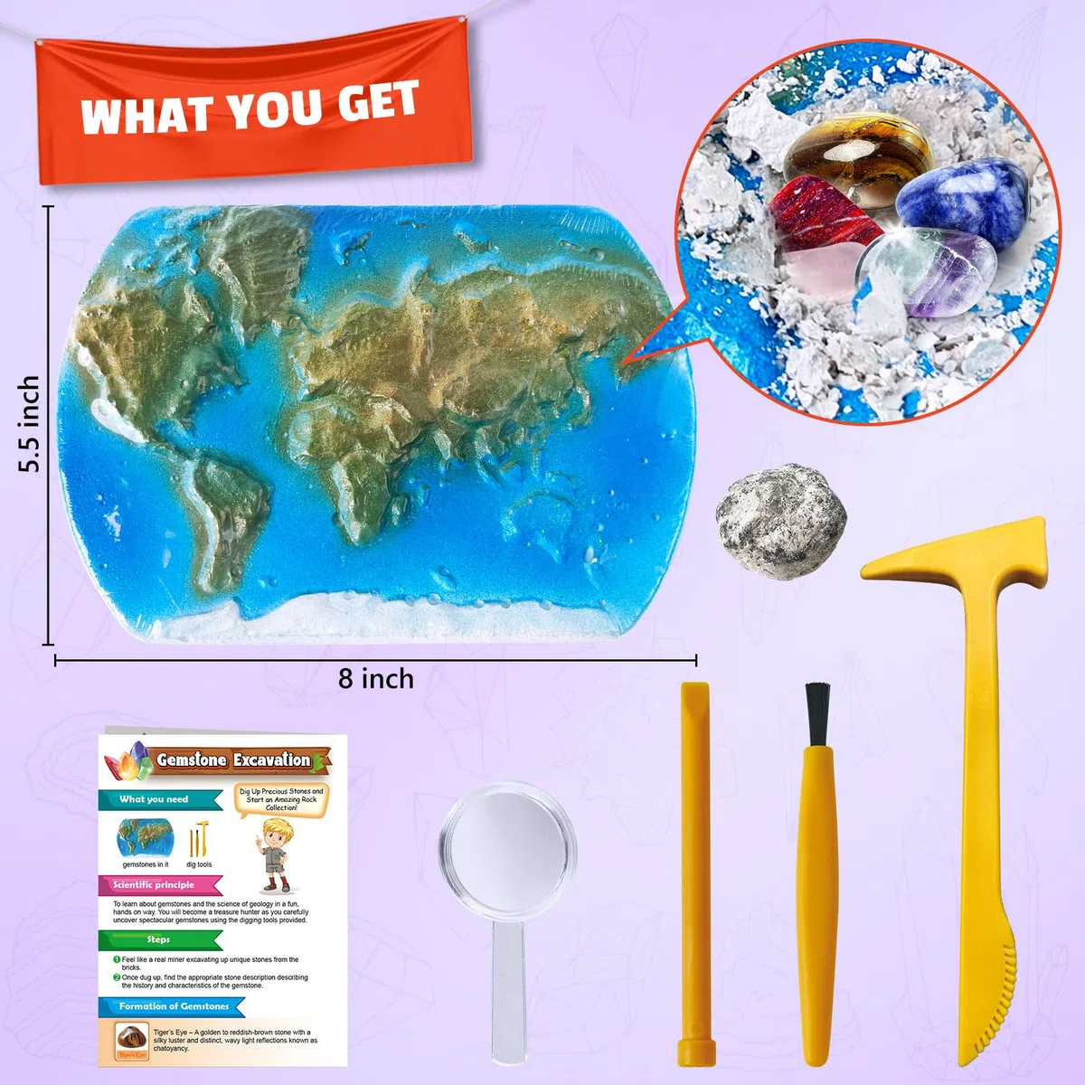 UNGLINGA Set di scavo di gemme per bambini, ragazzi e ragazze – Idea regalo per il compleanno con 15 vere gemme e fossili, incluso attrezzo, giocattolo educativo di geologia S.T.E.M