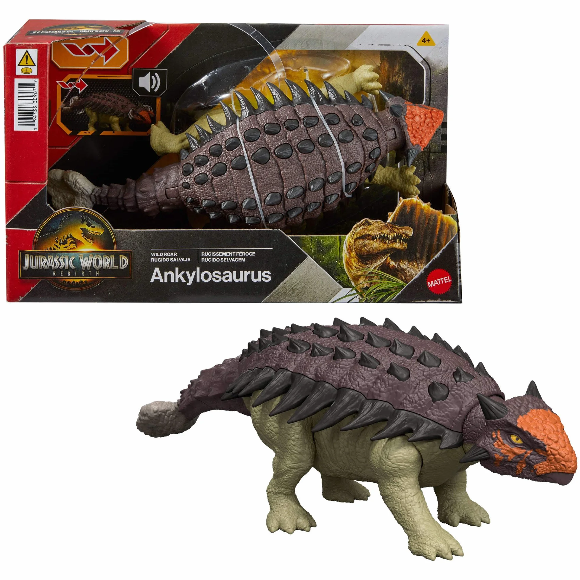 Mattel Jurassic World La Rinascita Anchilosauro Ruggito Selvaggio, action figure snodata del dinosauro con attacco multiplo della testa azionato con la coda e suoni, gioco digitale, JGB90