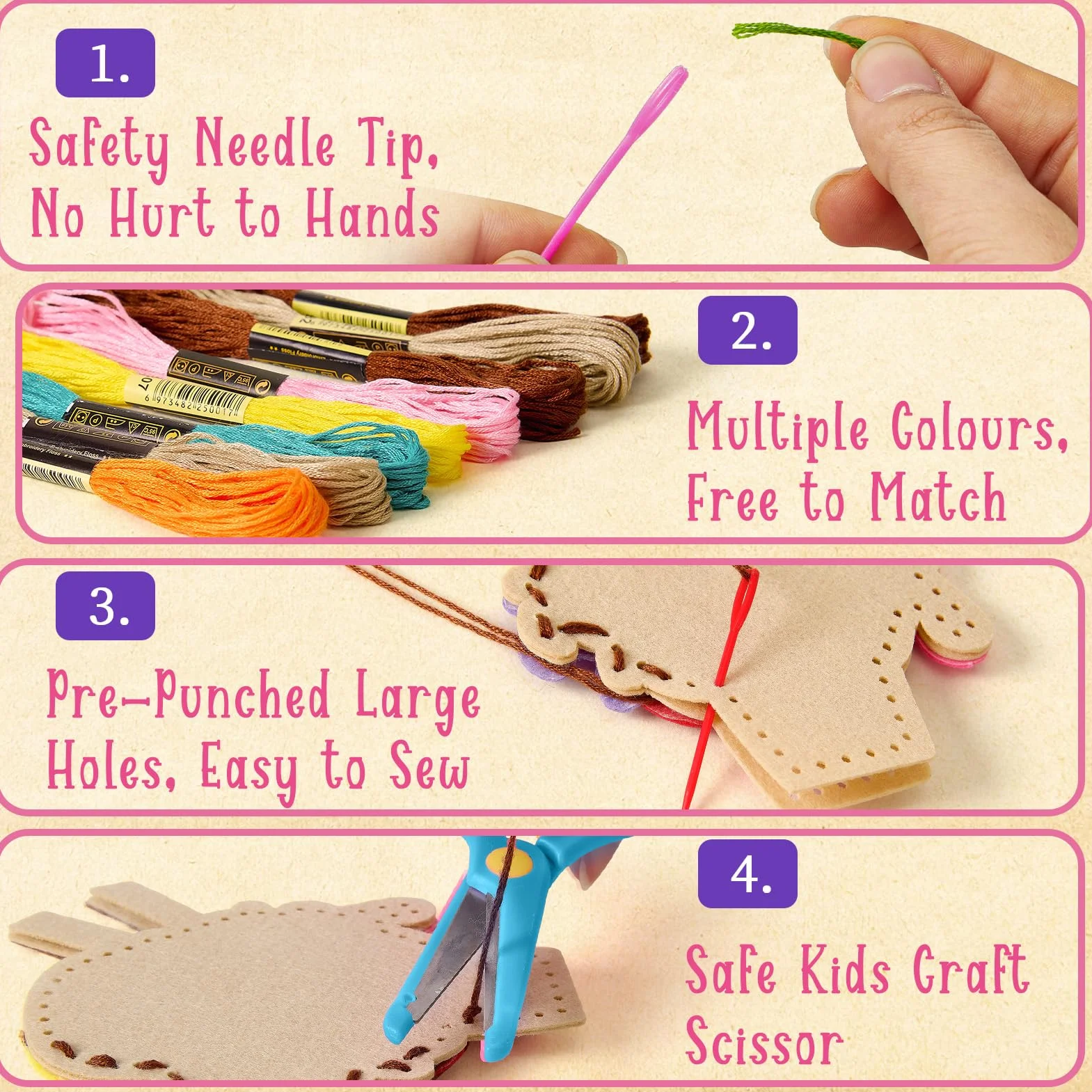Kit Cucito in Fieltro per Bambini 6-10 Anni, Kit Artigianato Ragazze 12 Dessert Feltro Fai Da Te & Fili da Ricamo & Aghi di Plastica, Creativi Cucito Regalo per Bambino 5 6 7 8 9 10 Anni (Dessert 1)