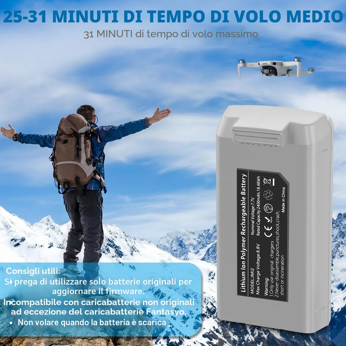 Fantasyo Batteria di volo intelligente per Mini 4K/Mini 2, 1 confezione, 2400 mAh di capacità, 31 minuti di tempo di volo massimo, compatibile con DJI Mini 4K Mini 2 SE, Mini 2, Mini SE