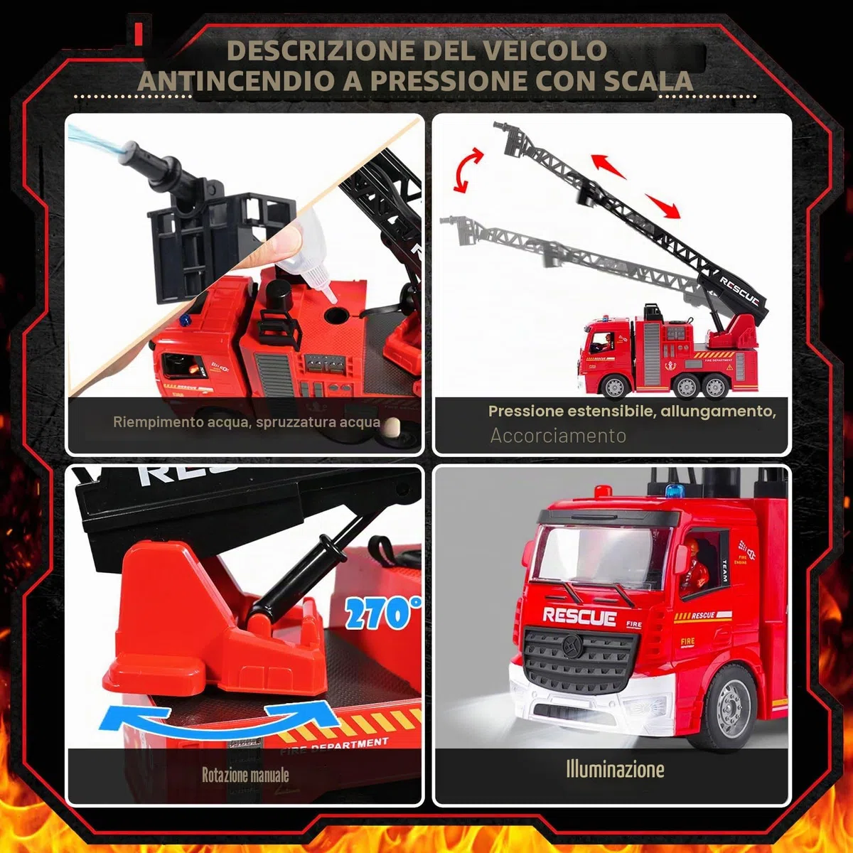 HILKKET 2 Camion Pompieri Giocattolo, Camion Pompieri Telecomandato con Luci, Suoni, Scala e Pompa Dell'acqua, con 2 Pompieri, 4 Secchielli e 1 Estintore