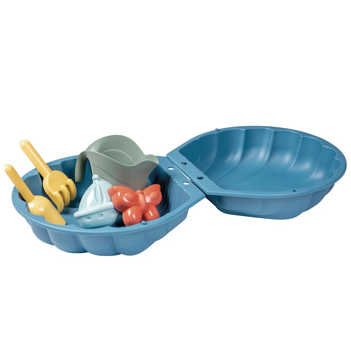 Smoby Life - Mini Sabbiera Doppia - A forma di conchiglia - Paletta, rastrello, stampo per sabbia, annaffiatoio - Materiale riciclato - Dai 18 mesi - Prodotto in Francia