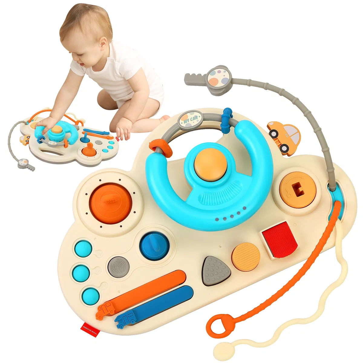 caterbee Giocattolo Montessori per Bambini, Volante con Luci e Suoni, Multicolore (Rosso)