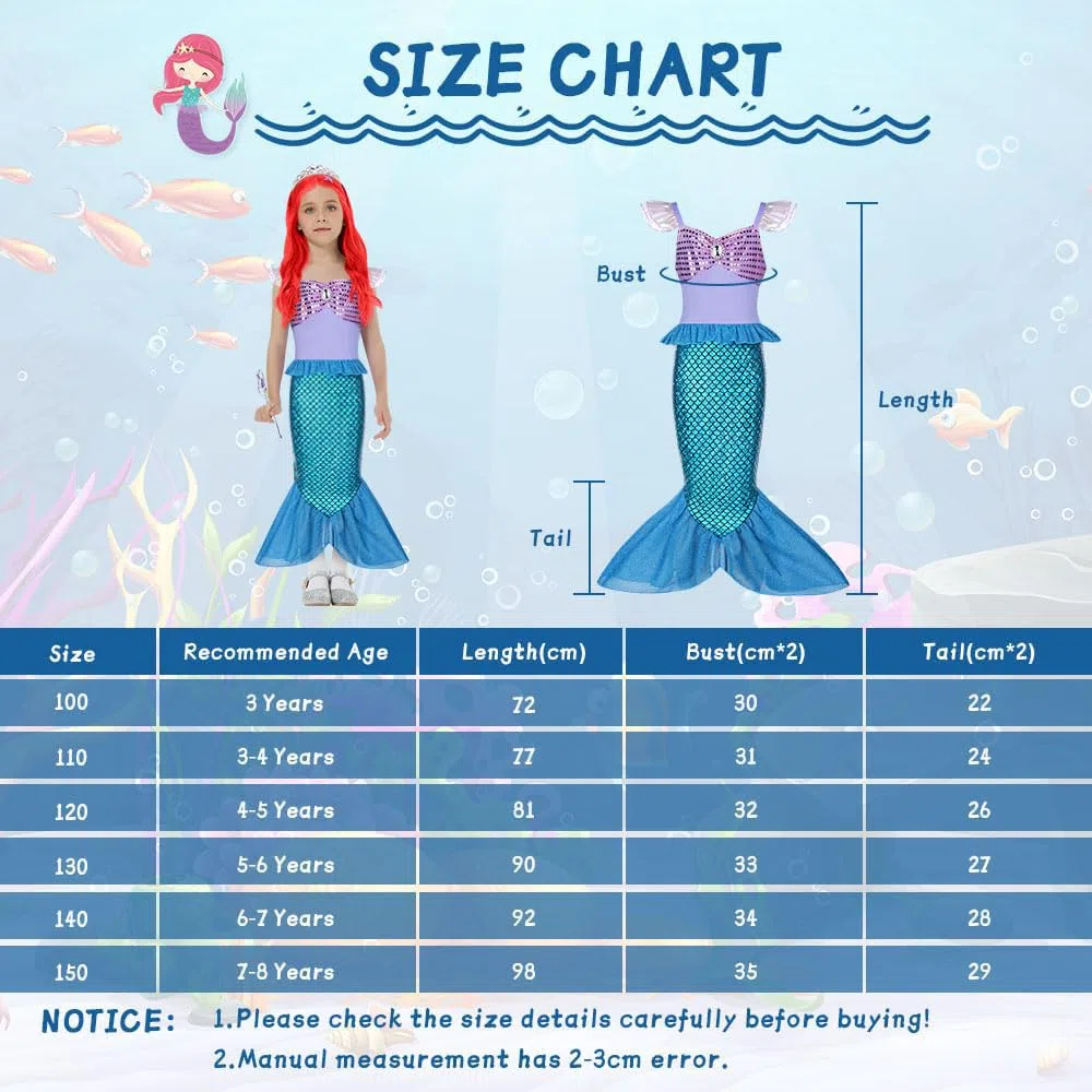 AOOWU Vestito Sirenetta Bambina, Sirena Principessa Vestito Costume con Parrucca, Vestiti Sirenetta Costumi Cosplay Sirena per Halloween, Natale, Cosplay, Compleanno