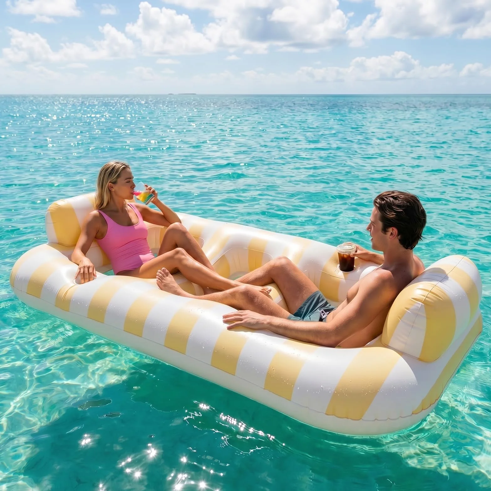 Float Joy Materassino Mare Gonfiabile Piscina Adulti Materasso Gonfiabili Giganti 200 x 120 cm Poltrona Gonfiabile Sdraio Lettino con Portabicchieri