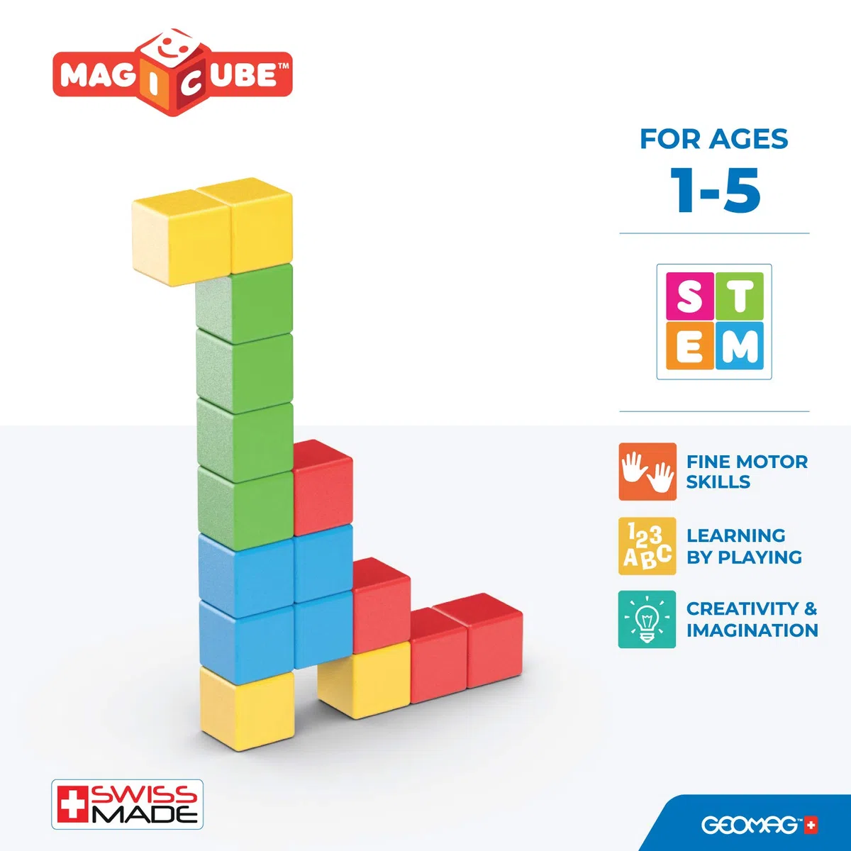 Geomag - Magicube 1+ Full Color - Cubi Magnetici per Bambini - 4 Colori - Confezione da 16 Blocchi - 100% Plastica Riciclata
