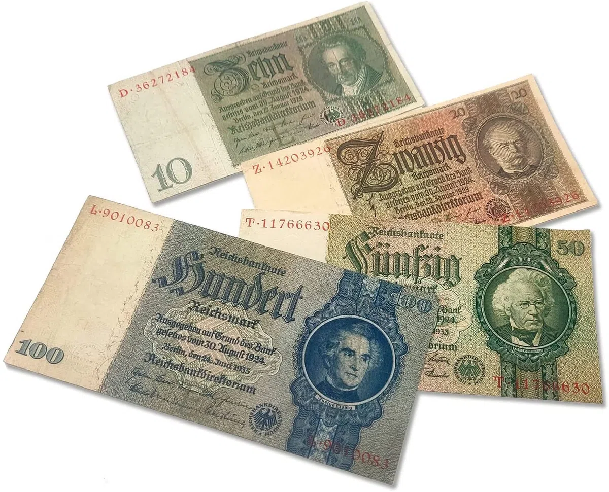IMPACTO COLECCIONABLES | Collezione di 4 Banconote del Reichsmark Tedesco (1929-1935) | Testimoni della Seconda Guerra Mondiale e dell’economia dell’Epoca | Include Certificato di Autenticità