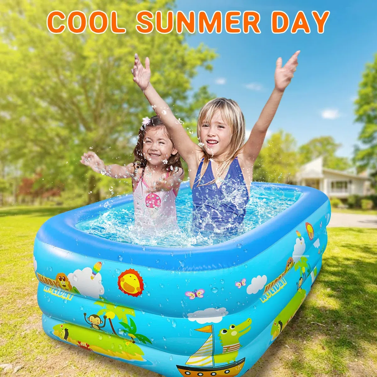 Jiosdo Piscina gonfiabile grande 150 cm Family Pool, piscina per bambini e neonati, rettangolare, piscina di famiglia con fondo morbido gonfiabile, per l'estate, divertimento in acqua (blu)