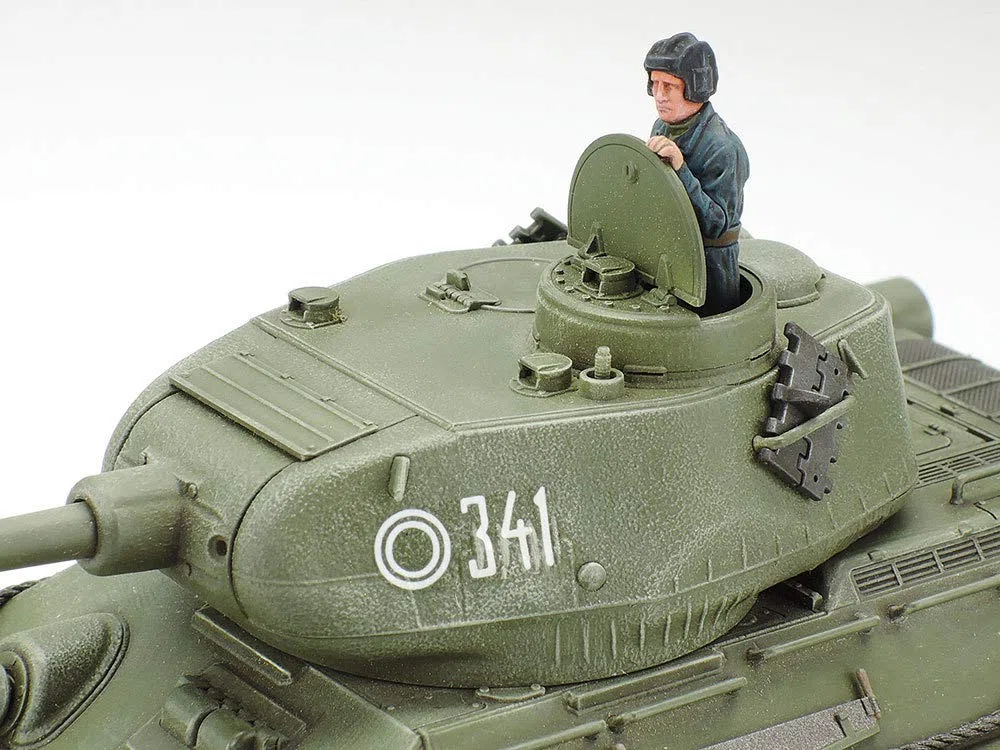TAMIYA 32599-000 - Kit di costruzione in plastica, 1:48 Rus. Mit. Pz. T-34/85, per modellismo, fai da te, hobby, incollaggio, in plastica, verde scuro