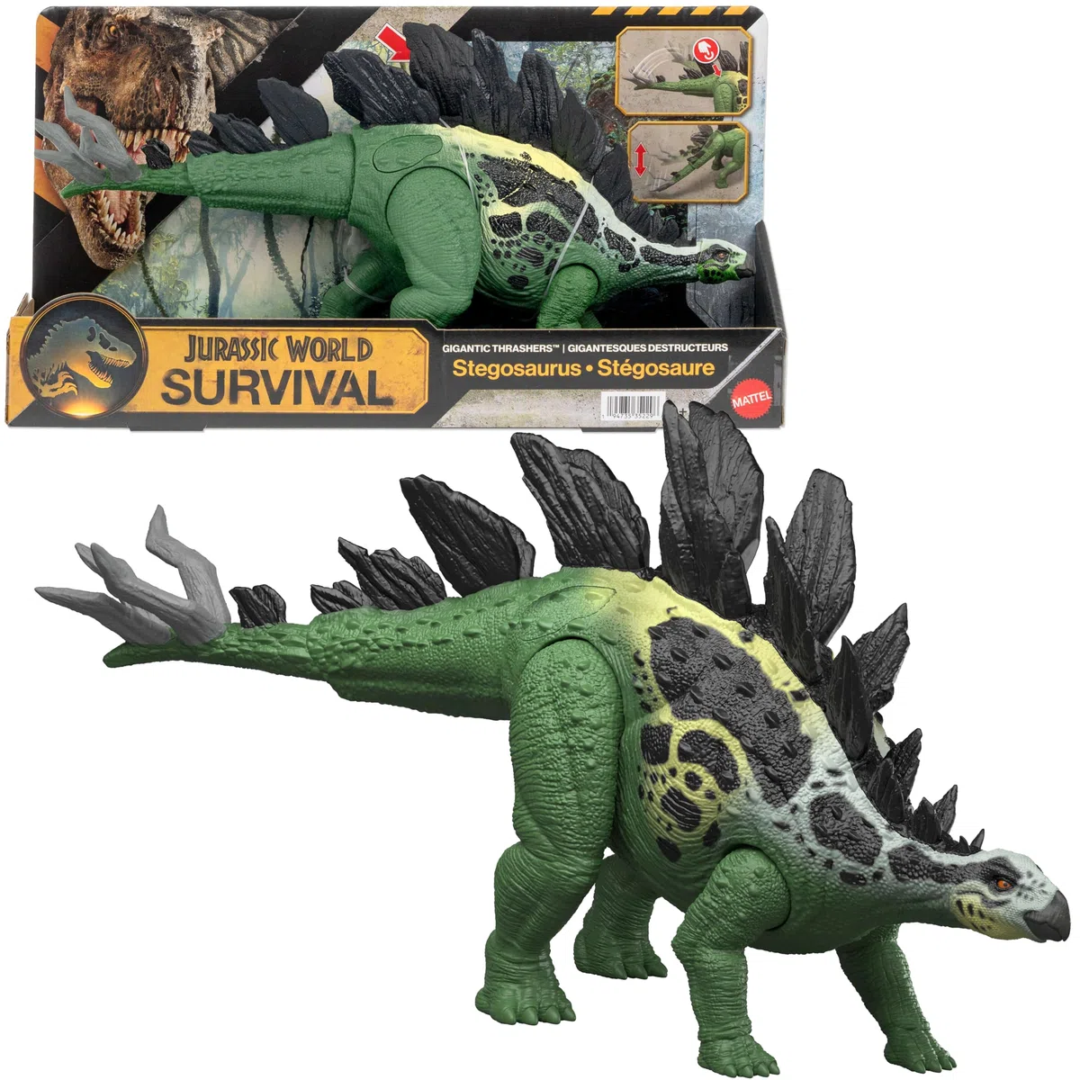 Mattel Jurassic World - Stegosauro Gigantic Thrashers, dinosauro di grandi dimensioni con 2 azioni d'attacco incluse e funzioni di evoluzione speciali, 4+ anni, JKL85