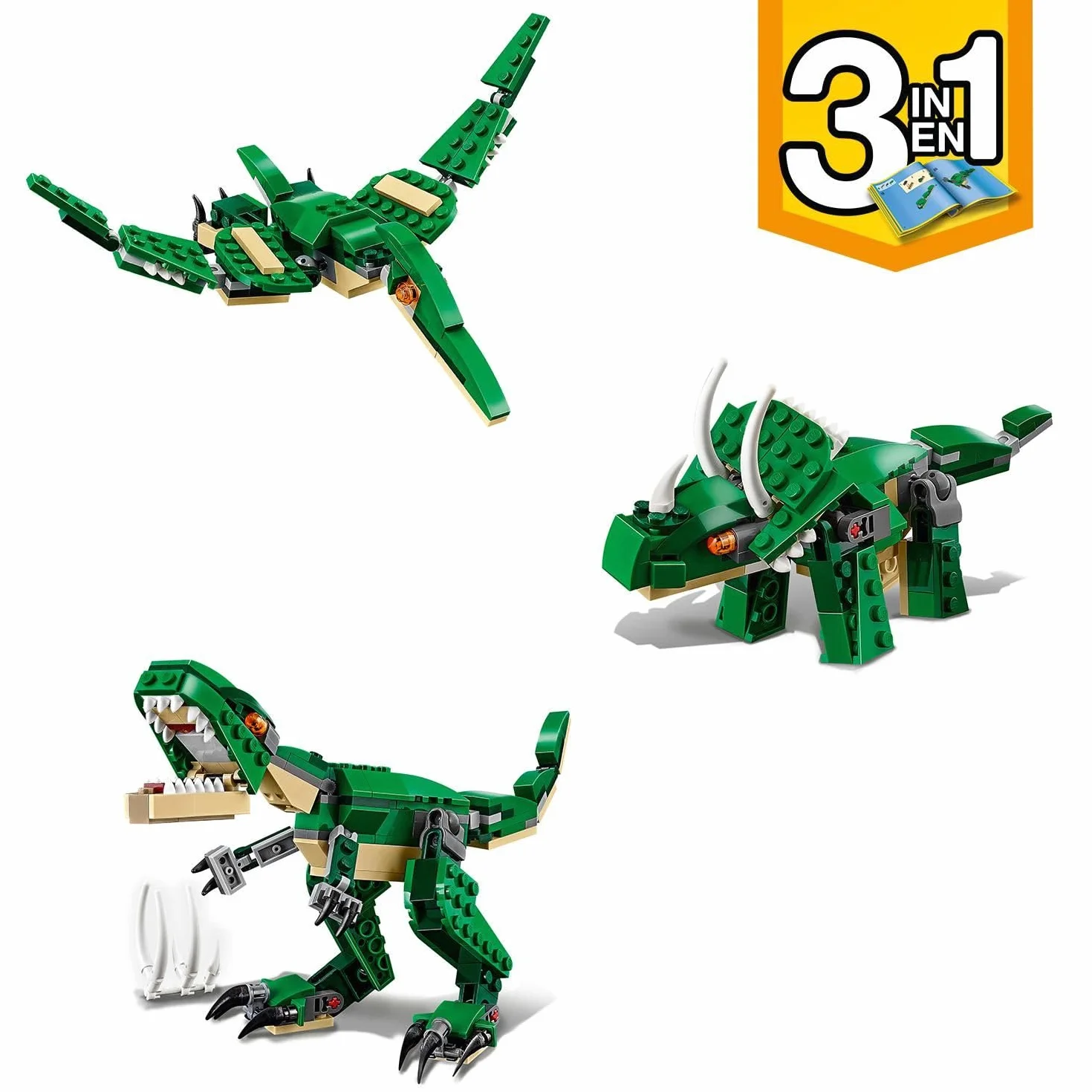 LEGO Creator Dinosauro, Set Animali Giocattolo 3 in 1 per Costruire, Giochi per Bambini, Bambine, Ragazzi e Ragazze con T. Rex o Triceratopo o Pterodattilo in Mattoncini, Idee Regalo Creative 31058
