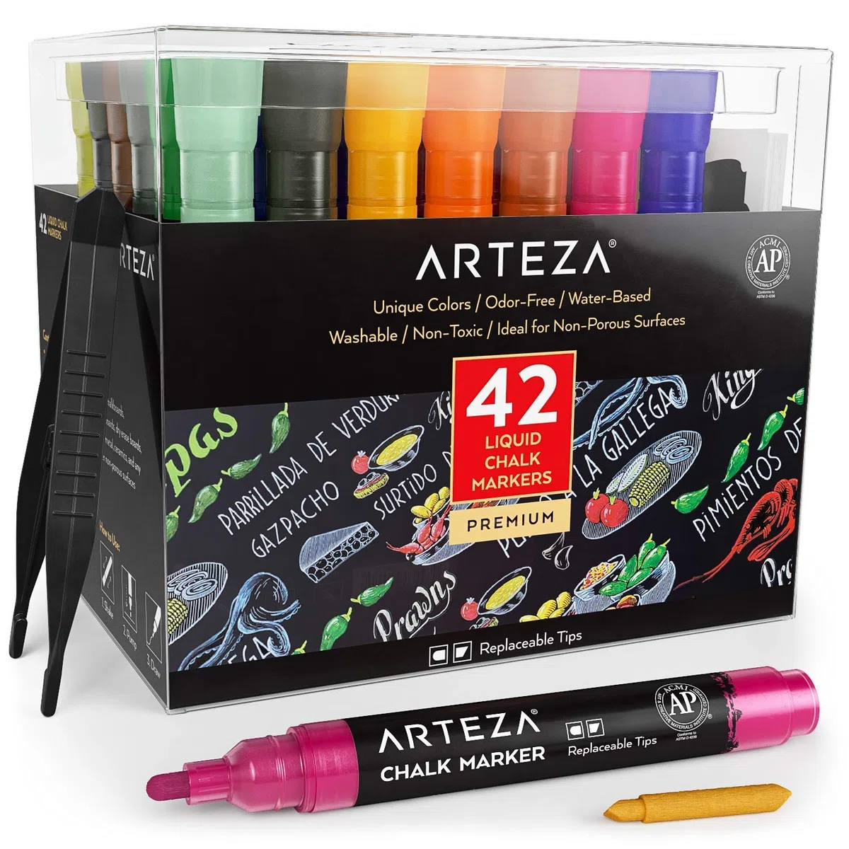 ARTEZA Pennarelli a Gesso Liquido Cancellabili, Confezione da 42 Colori a Base d'Acqua con 50 Etichette per Lavagna Gratuite e Punte Sostituibili per Bambini, Adulti, Bistrot e Ristoranti
