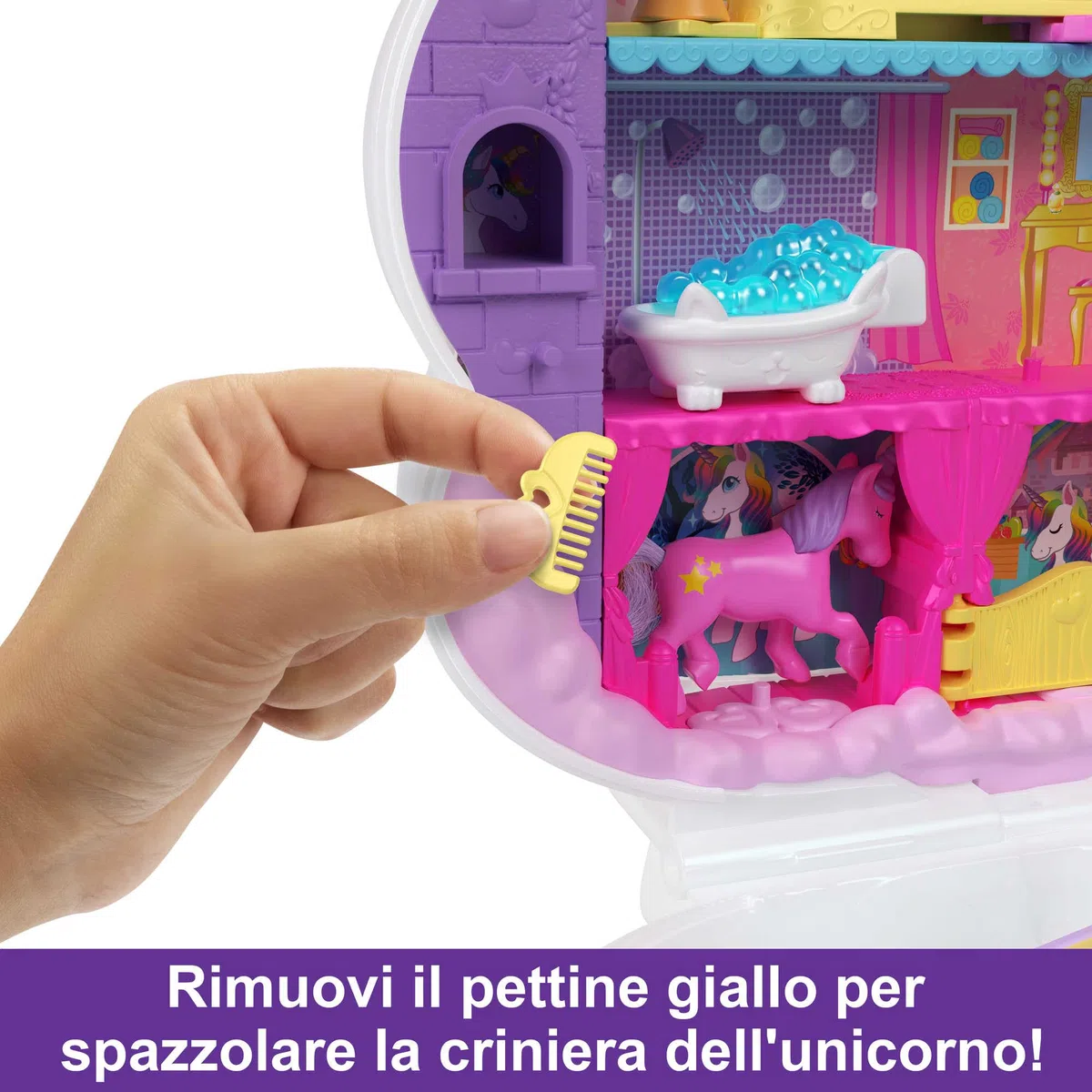 Polly Pocket - Salone di Bellezza Unicorno Arcobaleno, playset cofanetto con unicorno con testa pettinabile e 2 micro bambole, oltre 25 accessori, giocattolo per bambini 4+ anni, HMX18