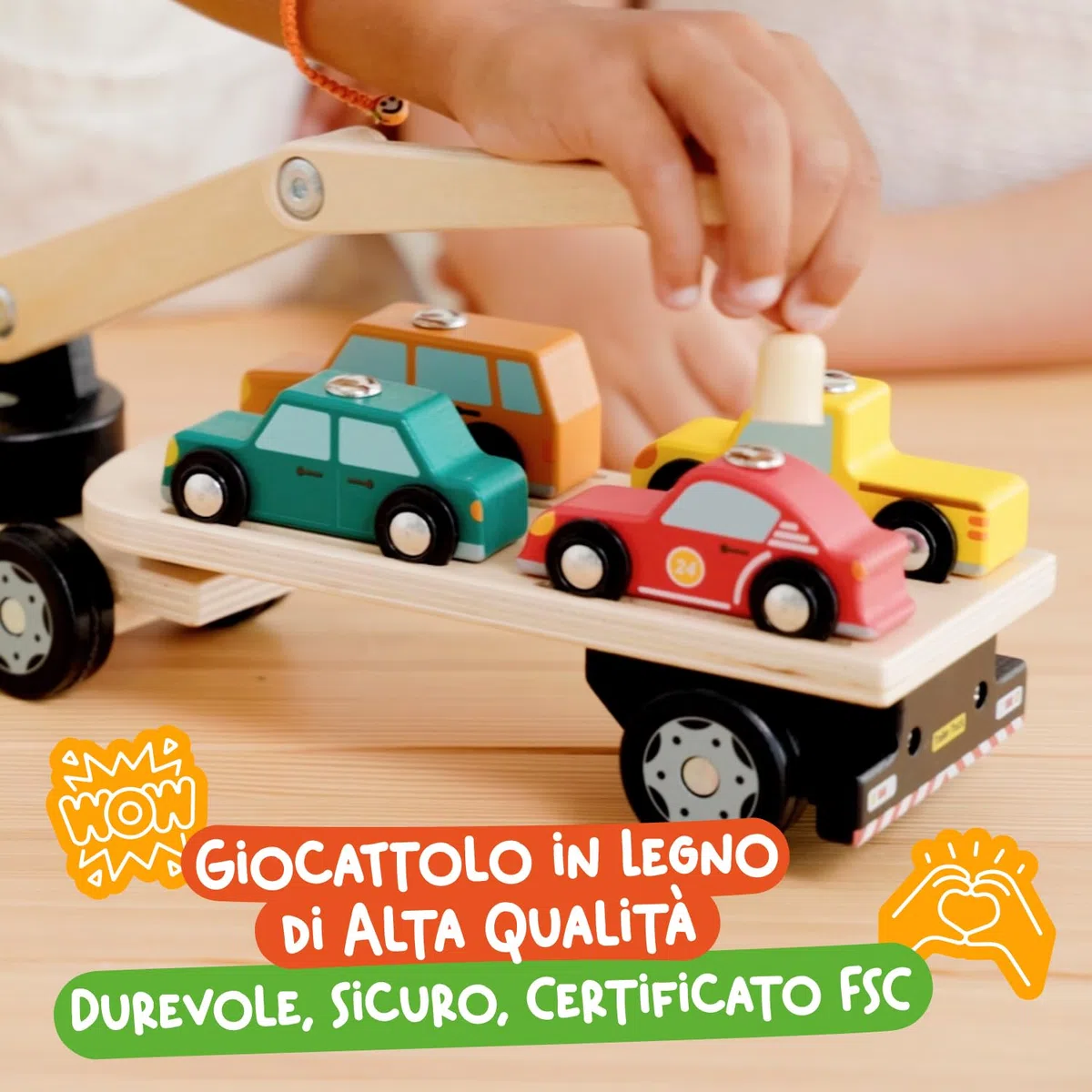 Nene Toys Camion Magnetico in Legno con 4 Auto e Rimorchio Staccabile – Giocattolo per Bambini 2+ Anni con Gru Interattiva – Gioco Educativo e Creativo – Macchinine e Veicoli Maschi Femmine 2 3 4 Anni