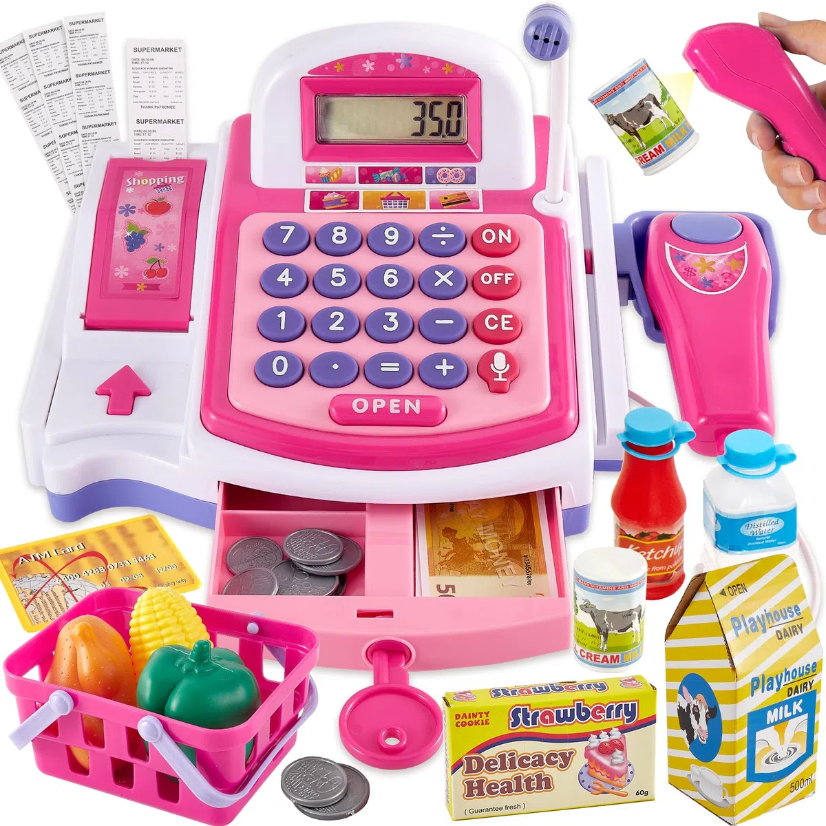 BUYGER Grande Registratore di Cassa Giocattolo per Bambini con Stampante per Ricevute, Scanner, Microfono, Calcolatrice, Supermercato Giochi di Ruolo Regalo per Bambina 3 + Anni