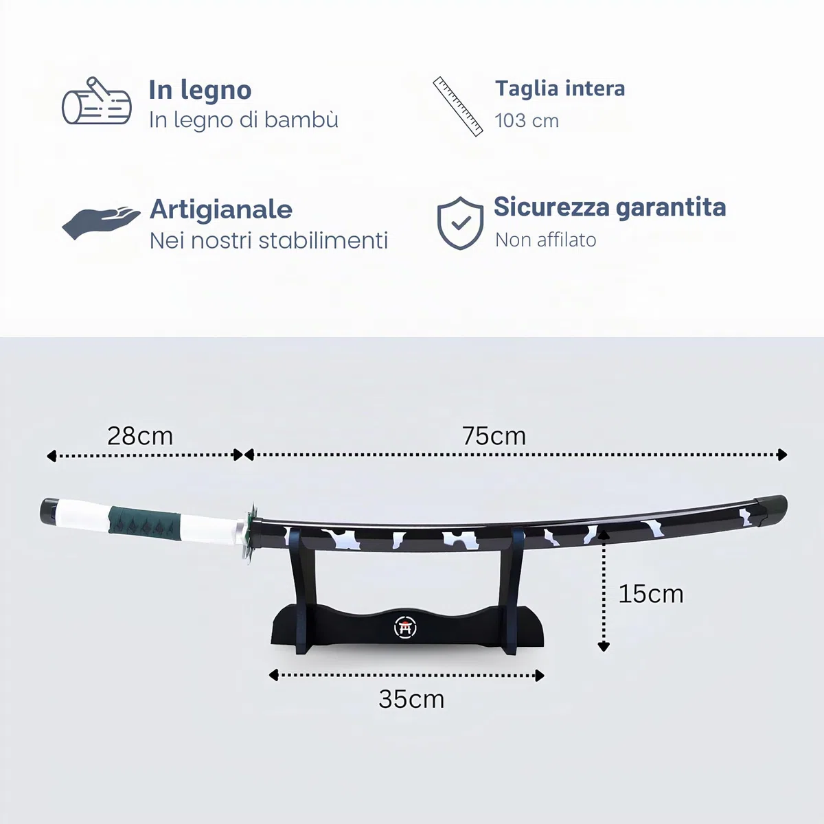 Katana Demon - Vera Manga Sciabola + Porta Spada di Legno + Cintura - Catana Giapponese Decorazione Cosplay Giocattolo per Bambini Adulti Gioco Costumi