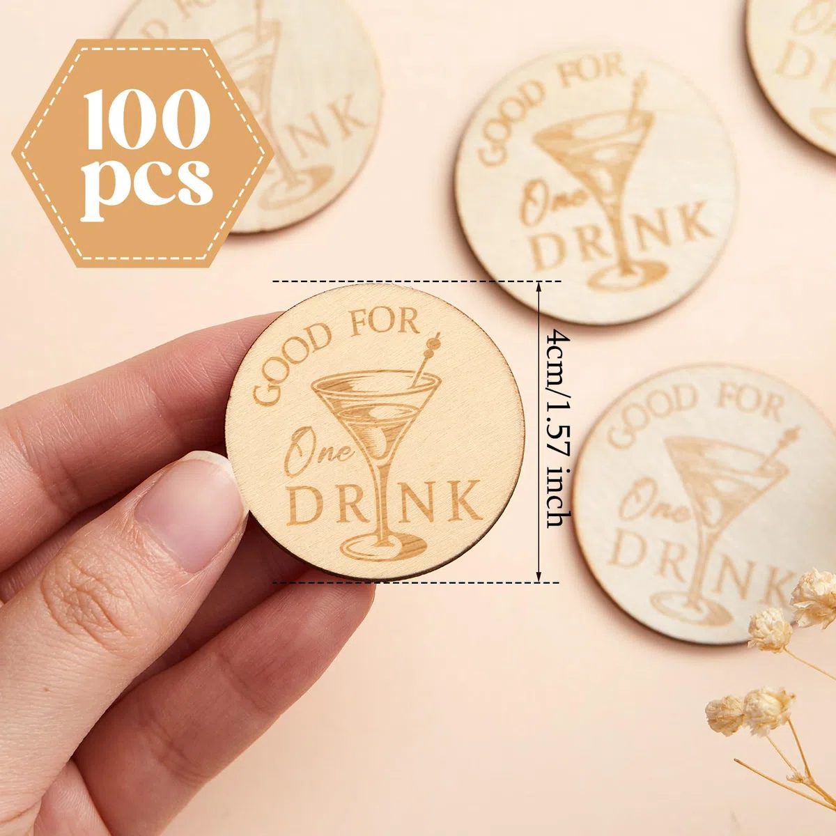 Marsui 100 gettoni in legno per bevande, per matrimoni, biglietti da poker personalizzati per ospiti, bomboniere, bevande, compleanni, degustazioni, feste, bar, decorazioni per tavoli (motivo tazza da