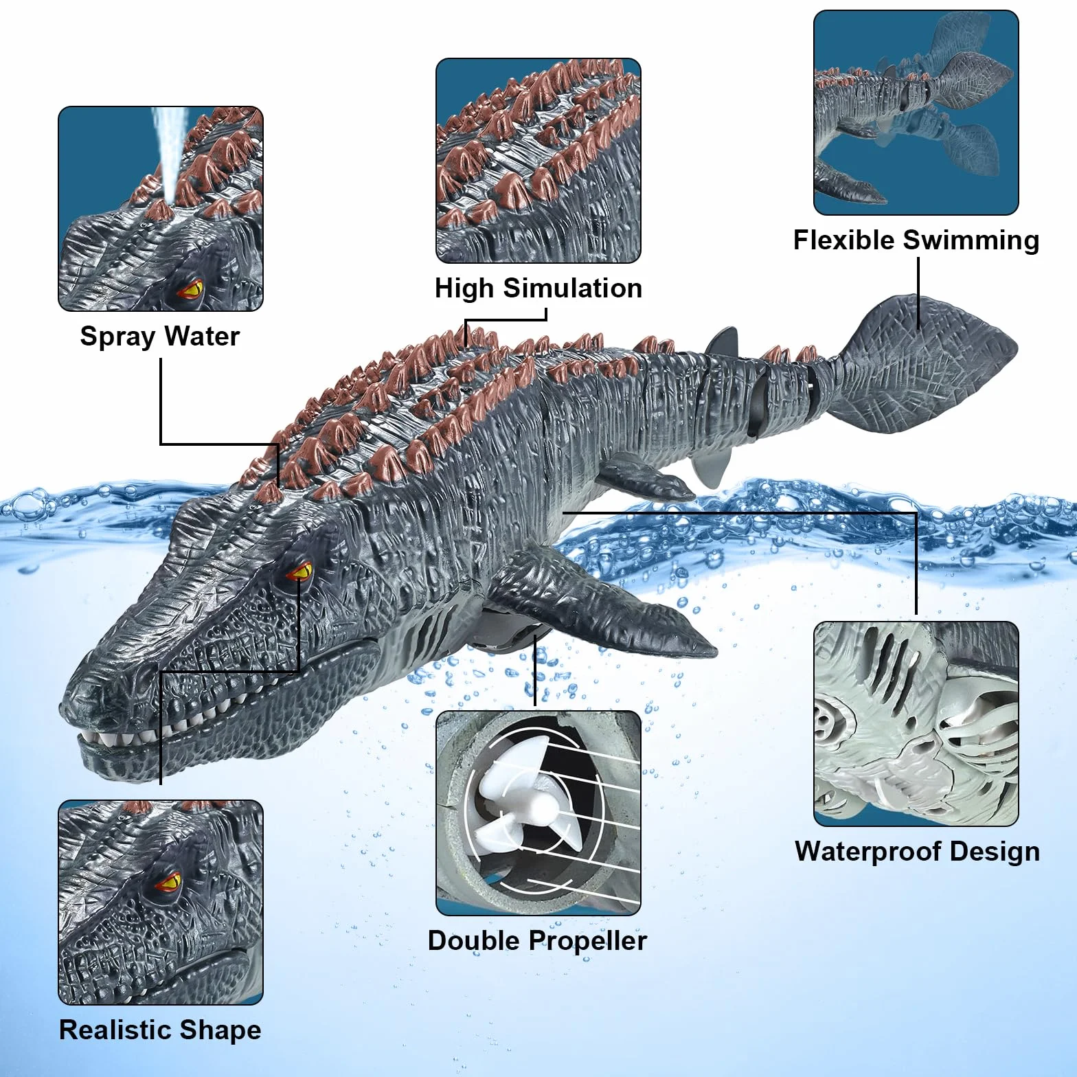 Giocattoli Mosasaurus Telecomandati per Bambini, Barca Elettrica per Dinosauri RC con Acqua Spruzzata e Luce per Il Bagno del Lago della Piscina, Giocattoli da Bagno (Grigio)