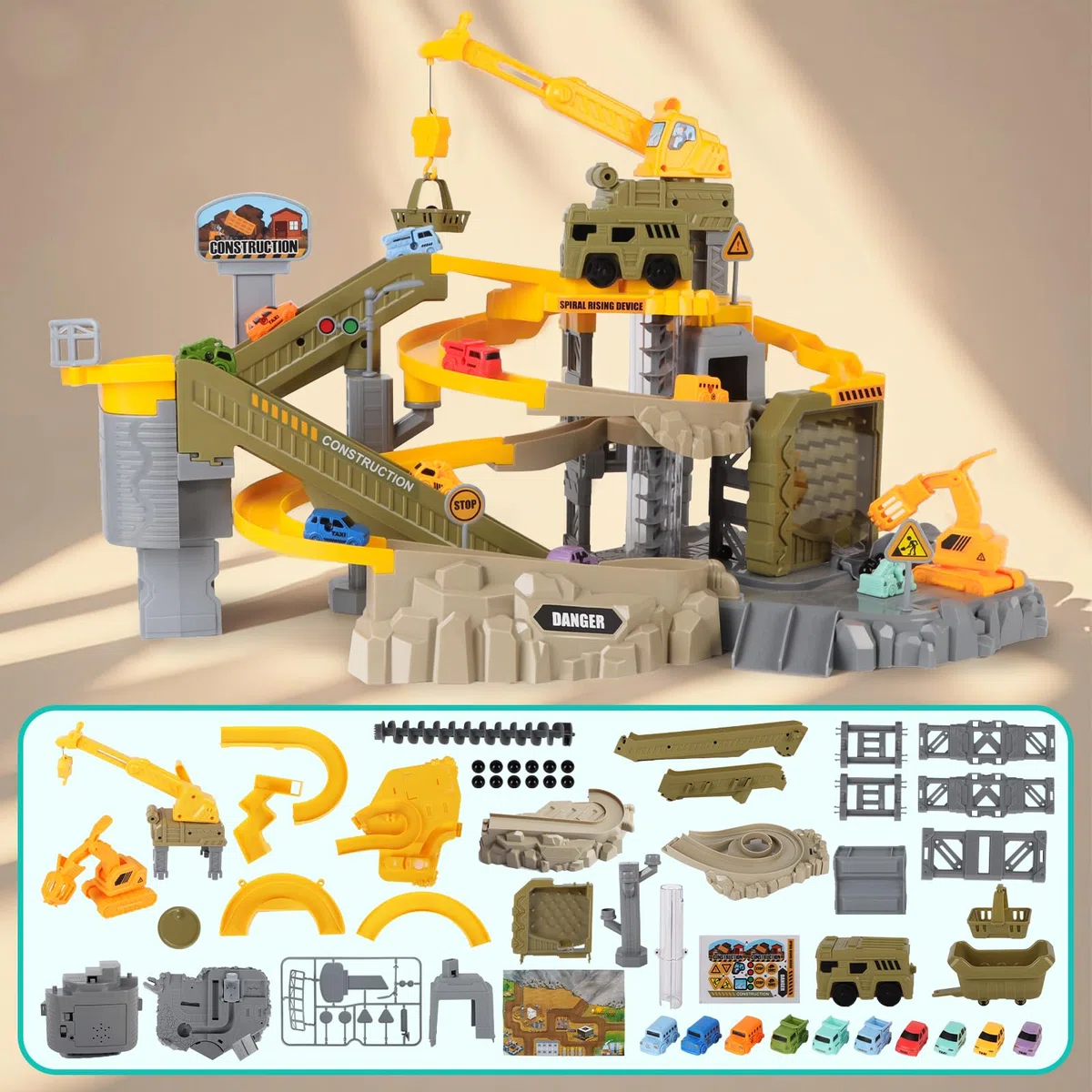 Charmofun Pista Macchinine Bambini, Costruzioni Giocattolo con 10 Auto Gru Camion Trasportatore, Macchine Pista Giocattoli Trattore Costruzione Set per Bambino 4 5 6 7 8 Anni