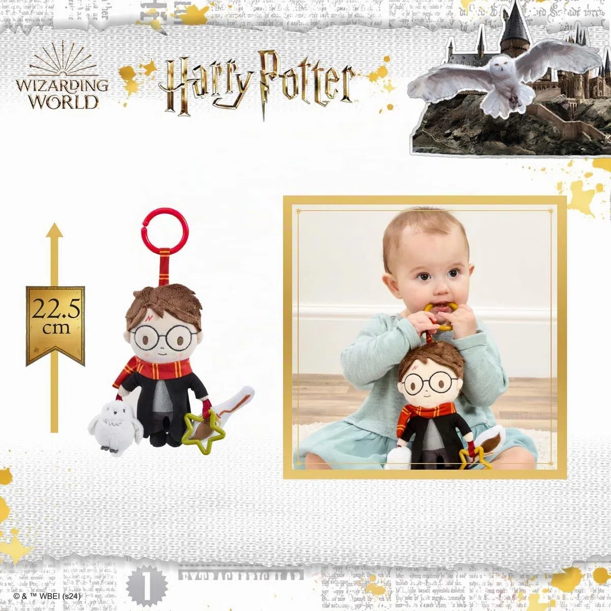 Harry Potter On the Go Activity Toy - Carrozzina e passeggino con clip giocattolo per neonati con scopa increspata e gufo che squittisce, giocattolo sensoriale di Harry Potter per bambini, accessorio