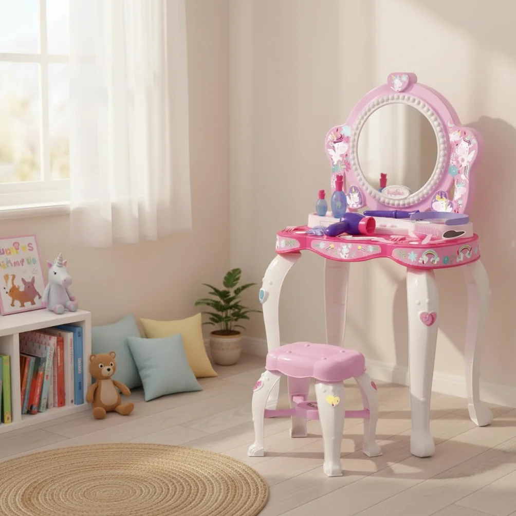 Chicos - Top Star Toeletta Trucco Bambina con Specchiera e Sgabello | Tavolo Trucchi Bambina con 12 Accessori | Postazione Trucco bambina Giocattolo 3+ Anni, Design Unicorno (87398)