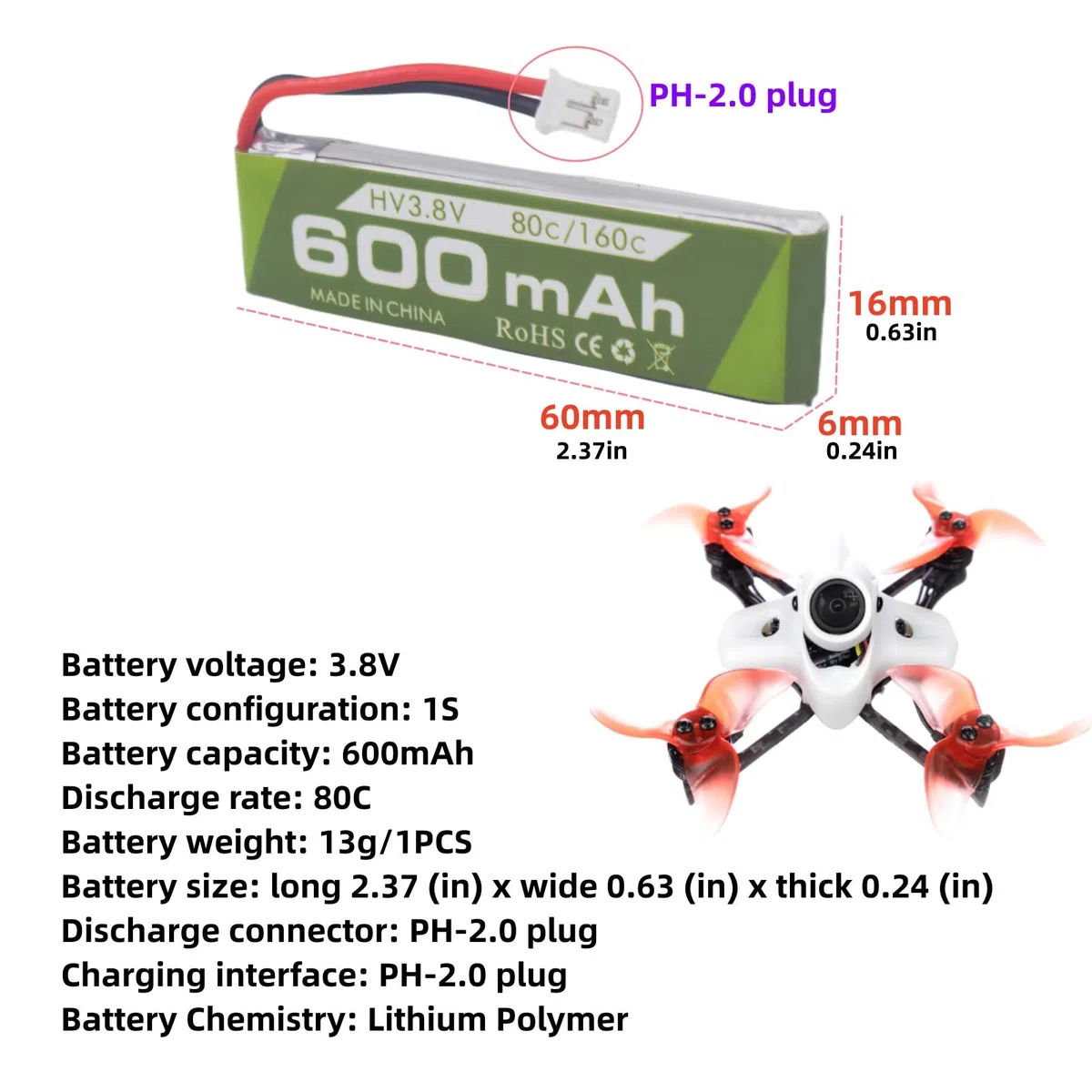 3PCS 1S 3.8V 80C 600mAh Batteria agli ioni di litio con Connettore JST-PH 2.0 Spina per Cinewhoop Tinyhawk Micro FPV Racing Drones RC Aircraft Batteria