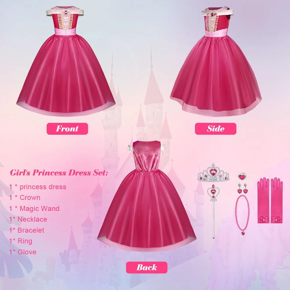 Costumi Principessa, 6 PCS Vestito Bambina Bella Addormentata Costume con Accessori, Ragazza Abiti Principessa Abito Principessa Rosa da Carnevale Halloween