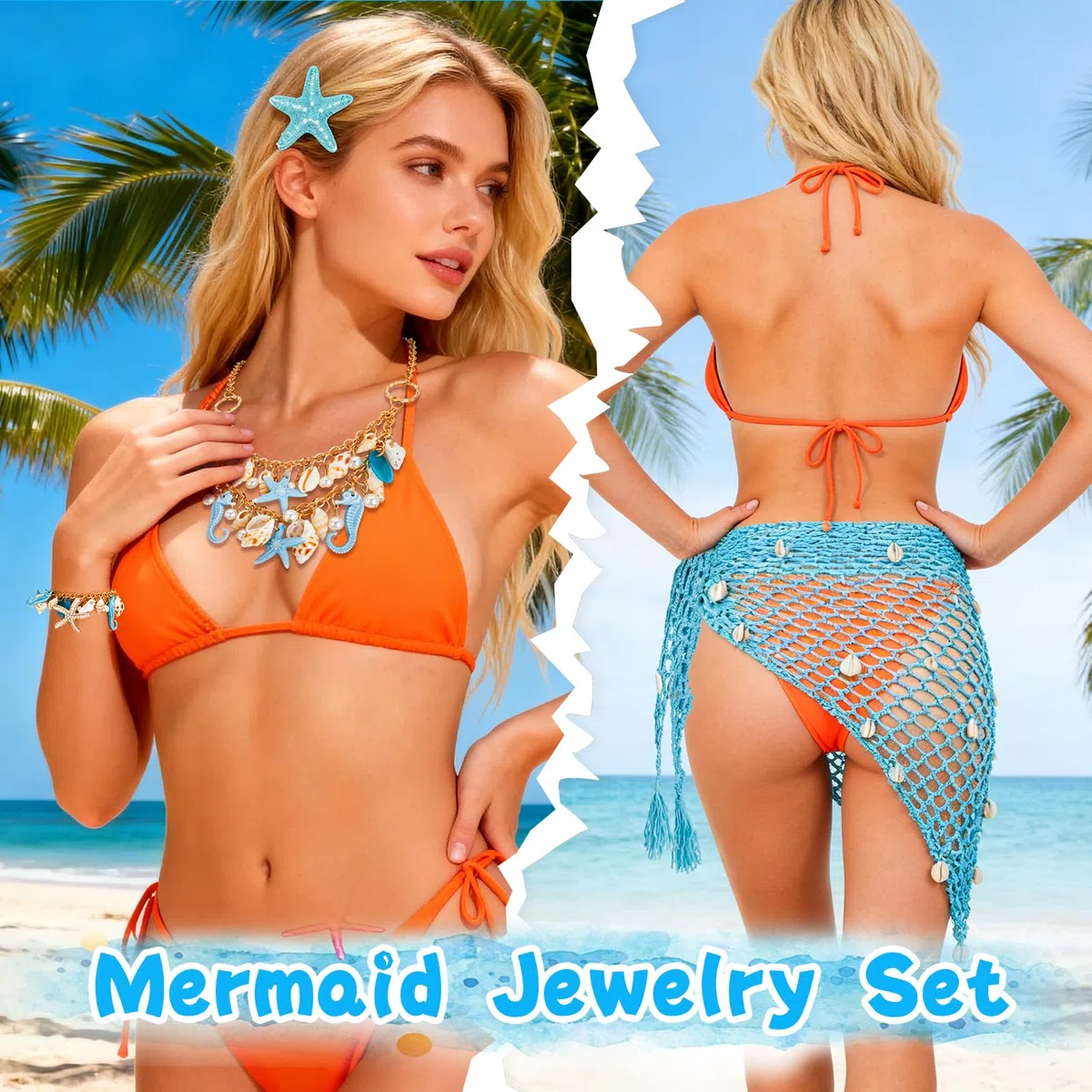 XEPST 5 pz Sirena Costume per le Donne - Sirena Costume Sirena Accessori Set con Sirena Crochet Gonna Cover Up Scialle Starfish Clip di capelli Shell Gioielli per costumi di Halloween Carnevale