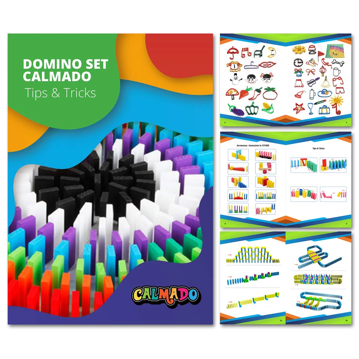 Calmado - Domino in Legno 370 Pezzi – Set Domino Rally per Bambini e Famiglia – Tessere Colorate per Costruire e Giocare – Edizione Party XXL con Borsa, Istruzioni e Accessori