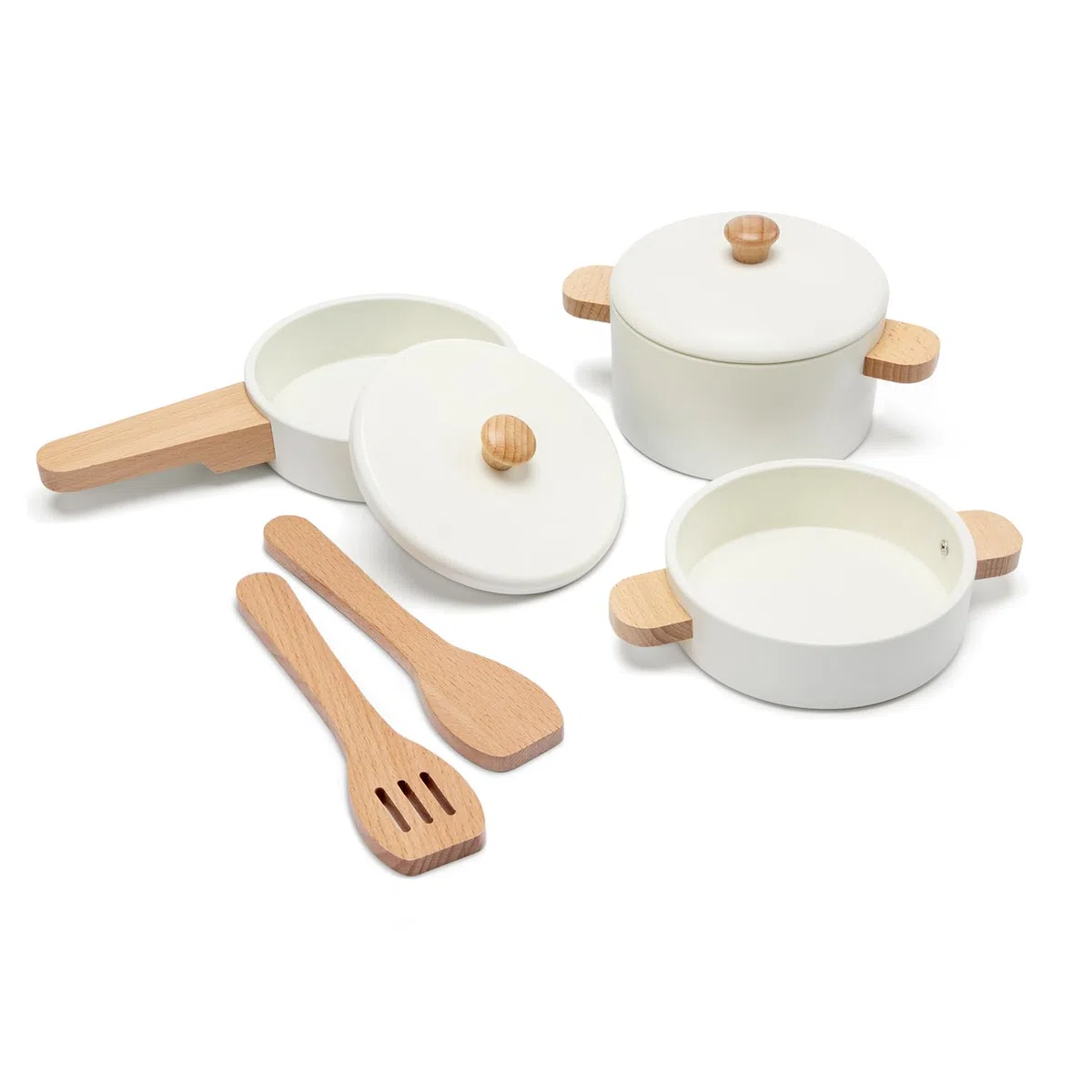 Woet® – Giocattolo da Cucina in Legno per Bambini Piccoli – Set di Pentole e Padelle Bianco 7 Pezzi – Accessori Cucina Giocattolo – A Partire da 2 Anni – Regalo per Bambini