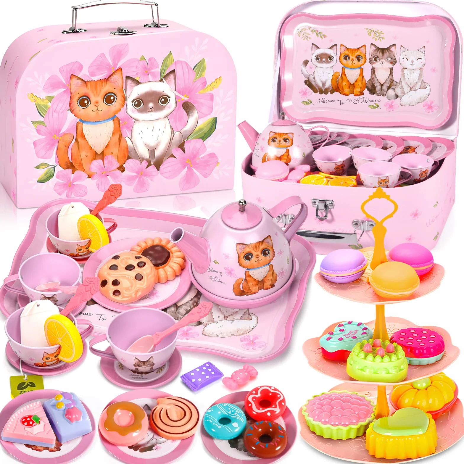 ZLPBAO Servizio da tè per bambini, 50 pezzi, set da tè per bambini, con valigetta per gattini, gioco di ruolo, giocattolo per piccoli servizi da tè con dessert, giochi di ruolo, regalo per ragazze 3