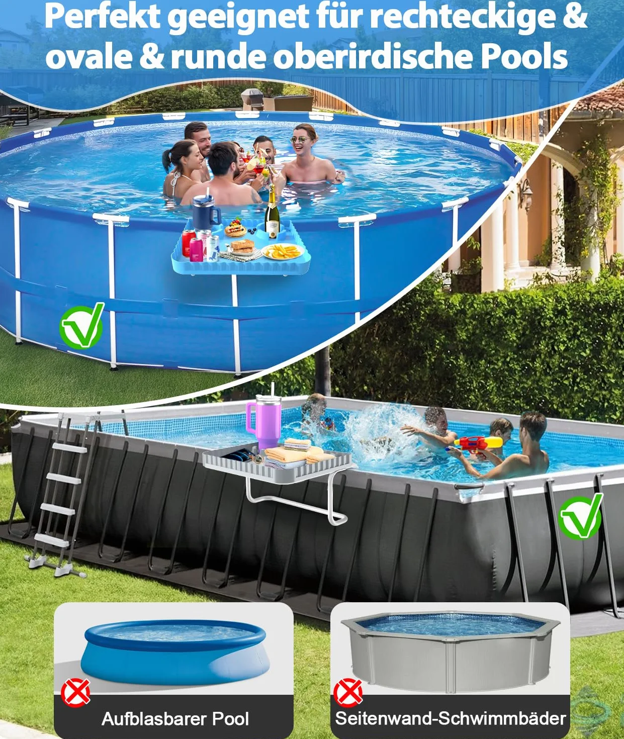 Piscina bar, tavolo da piscina, per piscine fuori terra, rotonde, rettangolari/ovali, portatile, tavolo da terrazza per piscina, accessori per piscina, blu