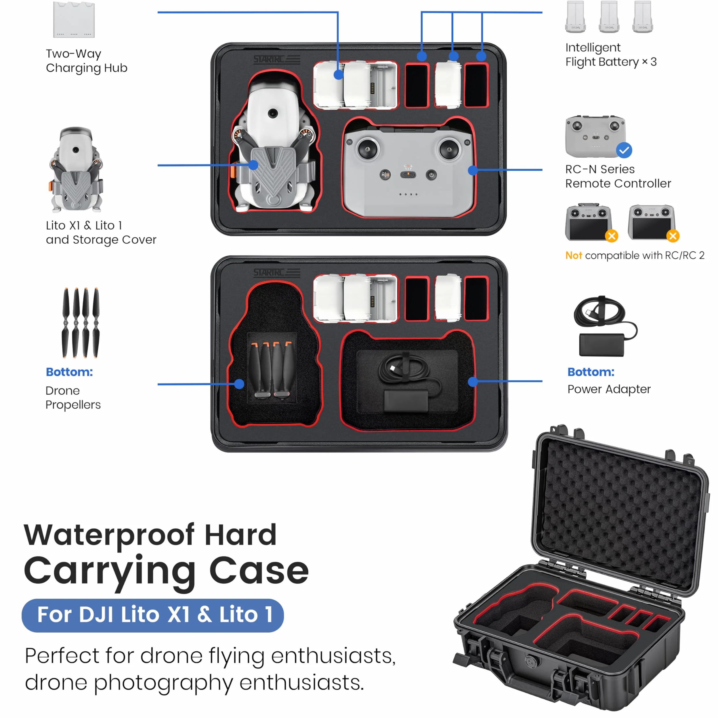 STARTRC Lito X1/1 Custodia, Borsa rigida da trasporto impermeabile per DJI Lito X1/1 Fly More Combo accessori per DJI Manetta RC N3/N2, 7 batterie e hub di ricarica 【NON per RC 2】