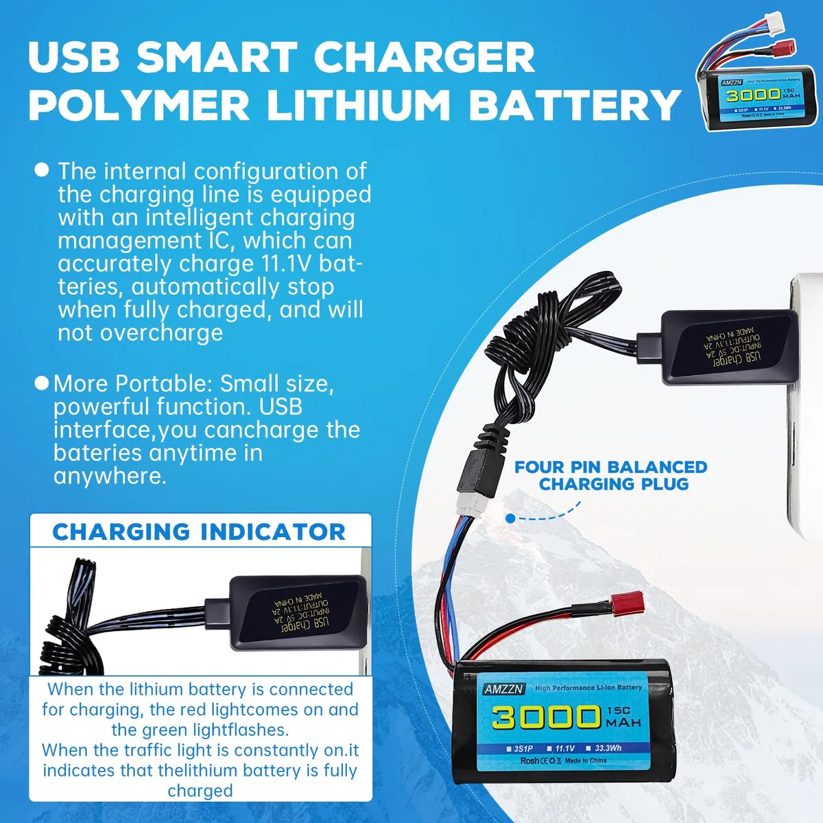 11.1V 3000mAh 15C 3S T-plug batteria agli ioni di litio con caricatore USB, adatto per R608 2104 barca brushless telecomando, 210E 200E auto brushless telecomando