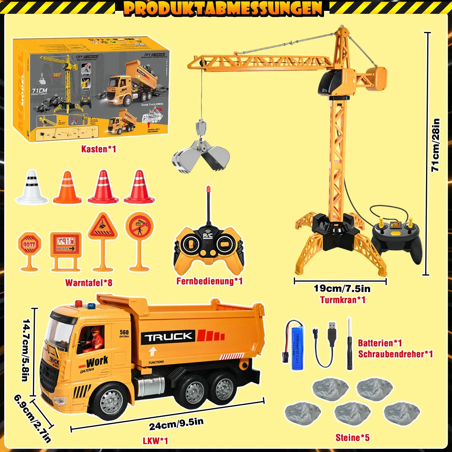 Gru Giocattolo e Camion per Bambini, 2 RC 2,4 GHz Set di Giocattoli da Costruzione con Gancio di Sollevamento, Faro e Suono, Gru a Torre e Camion Telecomandati, Regalo Compleanno Ragazzi dai 6 Anni