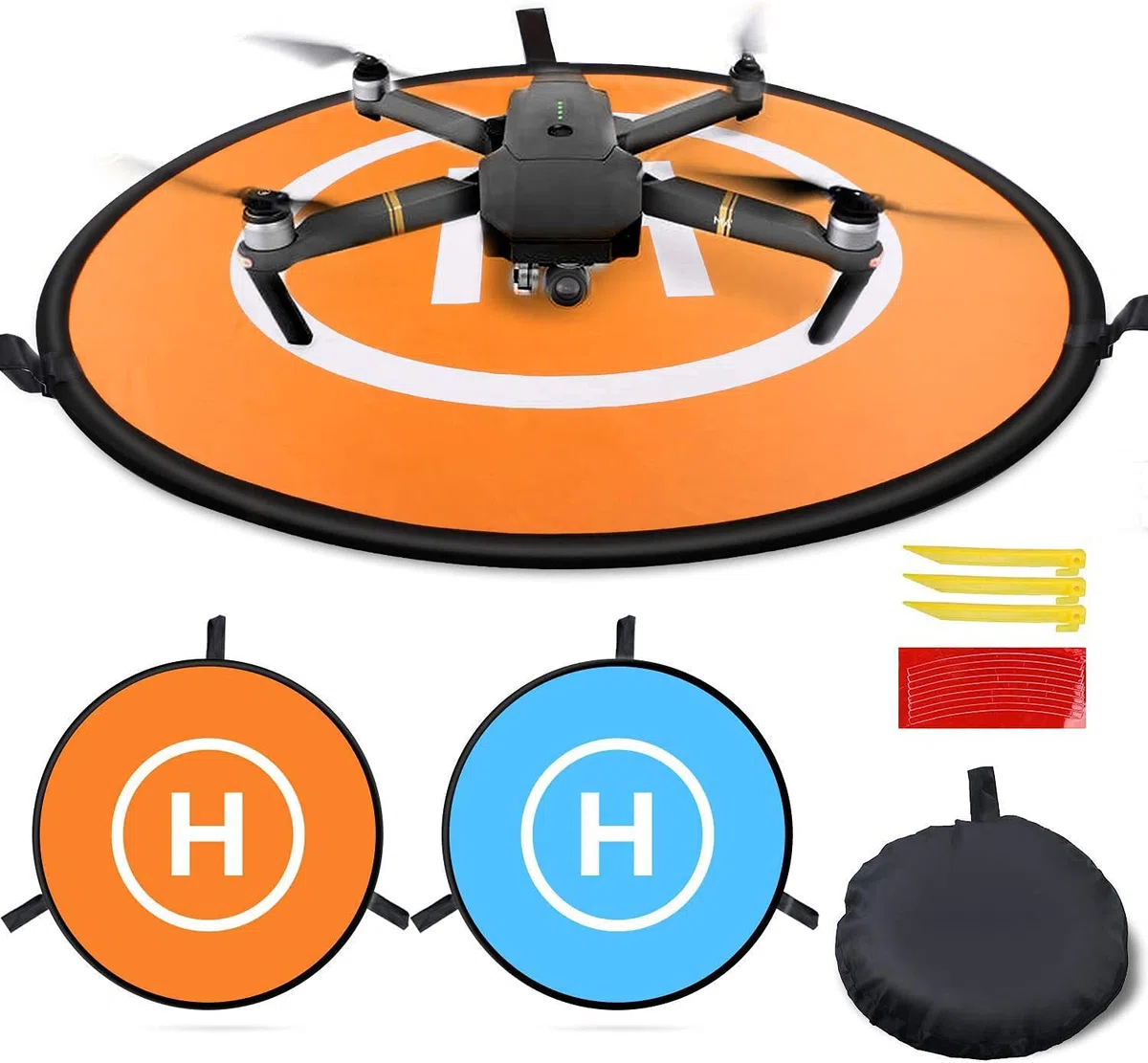 Tappetino di Atterraggio per Droni 75cm di MMOBIEL - Tappetino Impermeabile a Doppia Faccia - Tappetino di Atterraggio per Quadcopter RC – Compatibilità Universale – incl. Nastro Riflettente e Perni