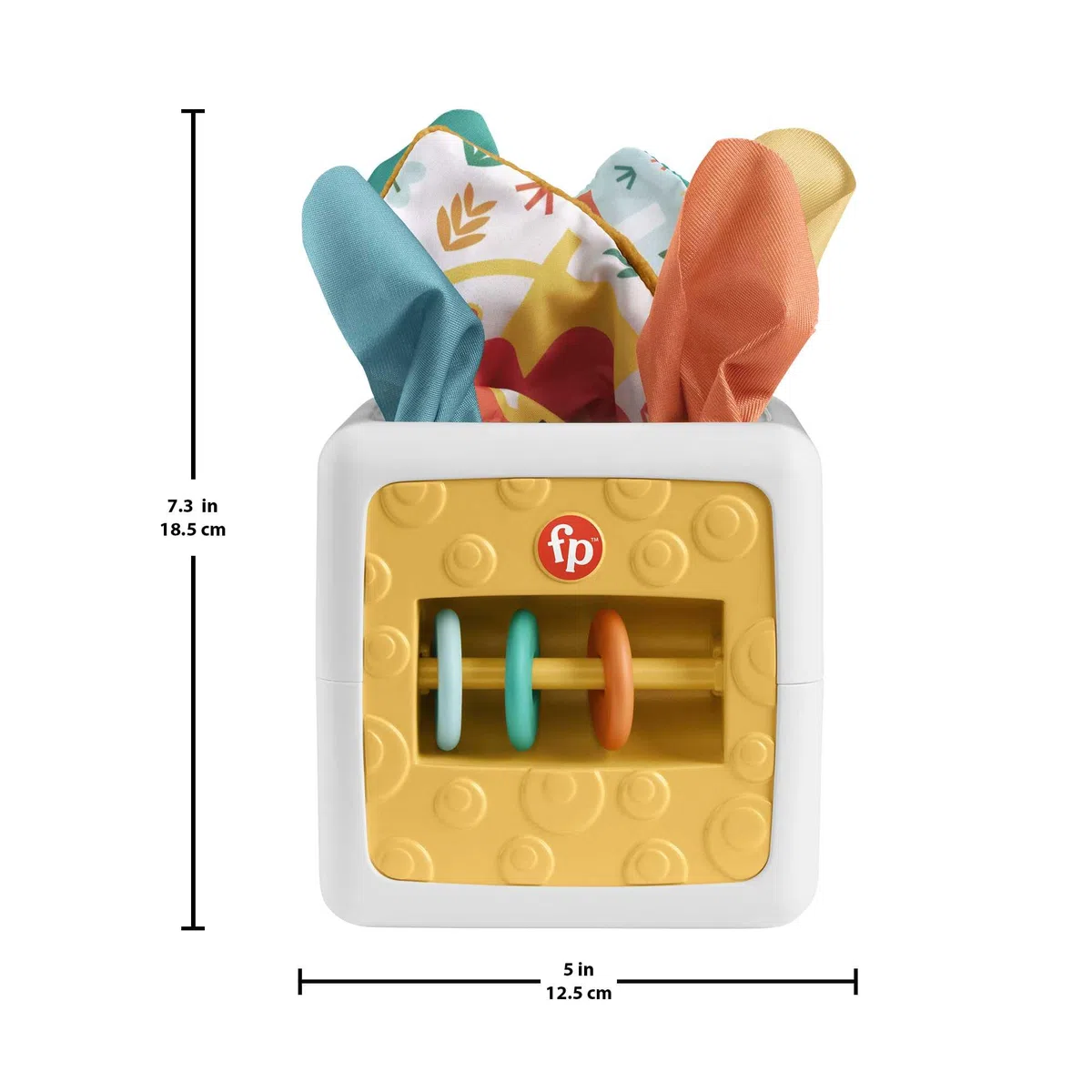 Fisher-Price - Cubetto Baby attività, Scatola di fazzoletti in Tessuto per Il Gioco sensoriale, Include 2 Tessuti Morbidi e 4 Pannelli per attività, Giocattolo per Bambini, 3+ Mesi, HML64