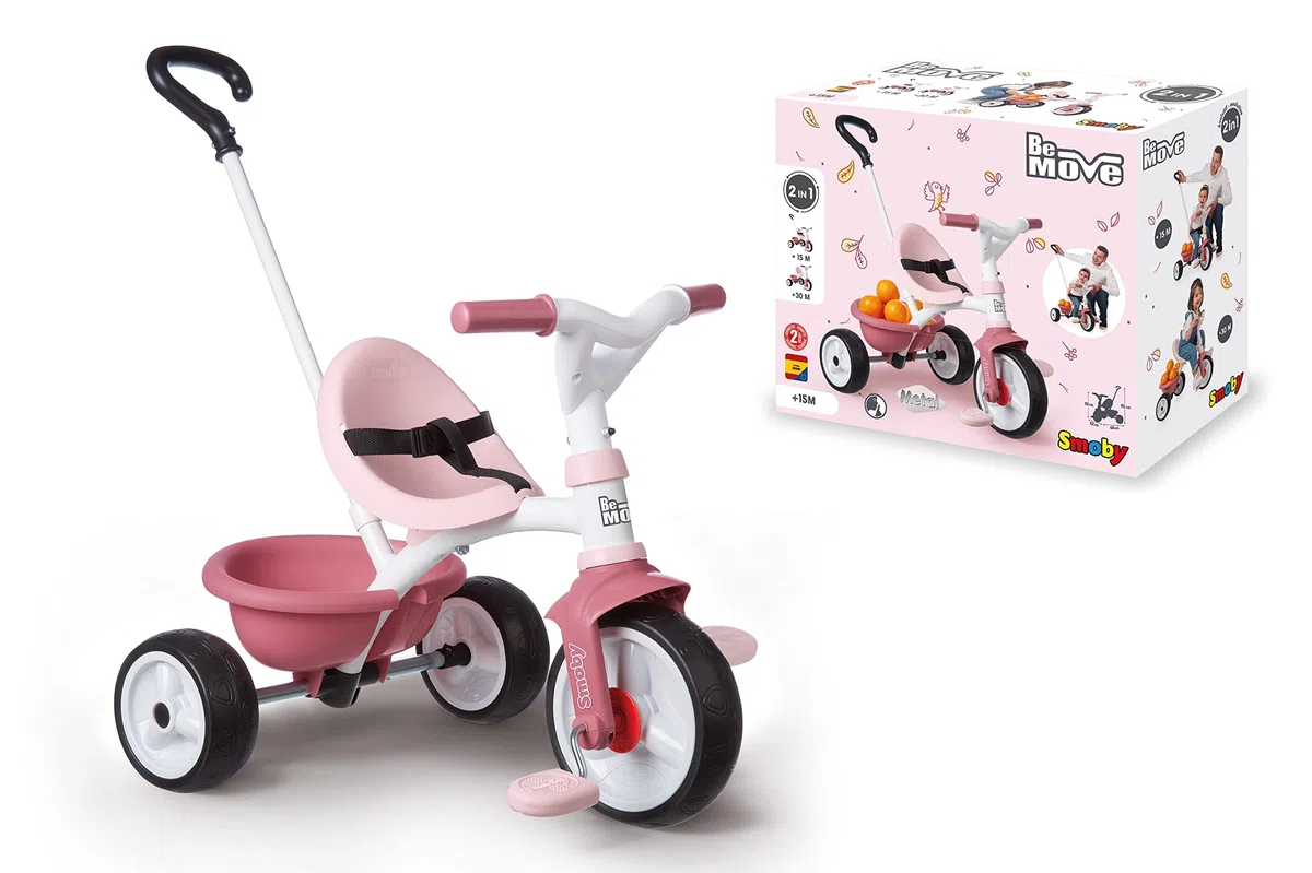 Smoby - Triciclo Be Move Girl, 7600740332, + 15 Mesi, Triciclo Evolutivo,Struttura di Metallo, Ruote Silenziose, Asta di Spinta