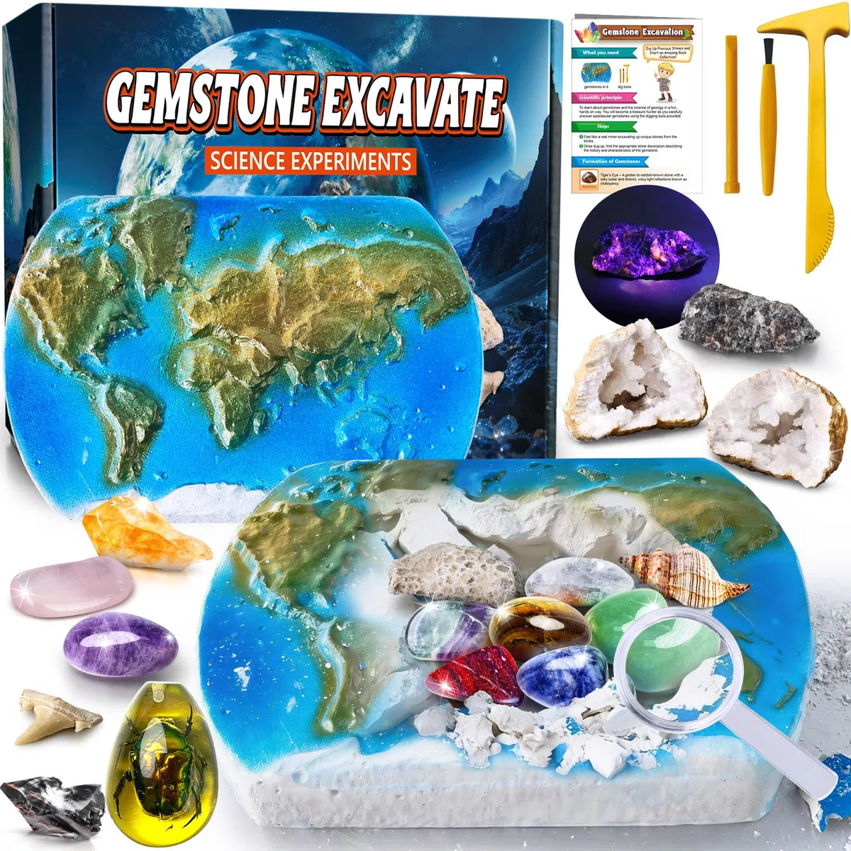 UNGLINGA Set di scavo di gemme per bambini, ragazzi e ragazze – Idea regalo per il compleanno con 15 vere gemme e fossili, incluso attrezzo, giocattolo educativo di geologia S.T.E.M
