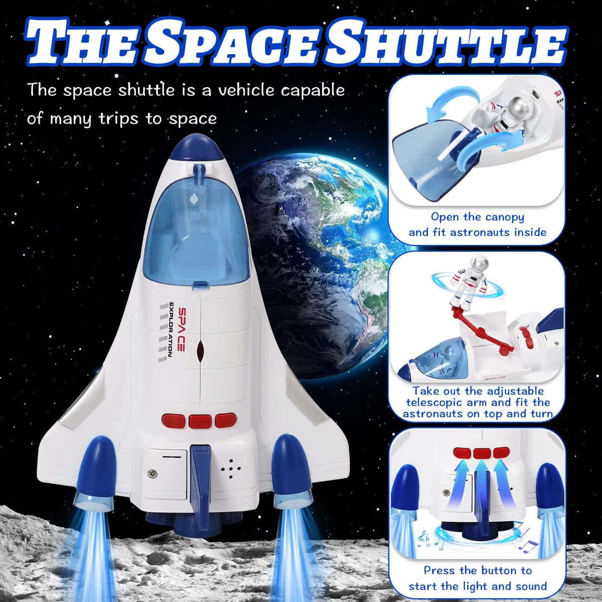 Set da gioco astronautica con luce e suono per ragazzi e ragazze, con 3 personaggi astronauti, 1 razzo spaziale, 2 rovers spaziali, 1 navetta, Astro Venture