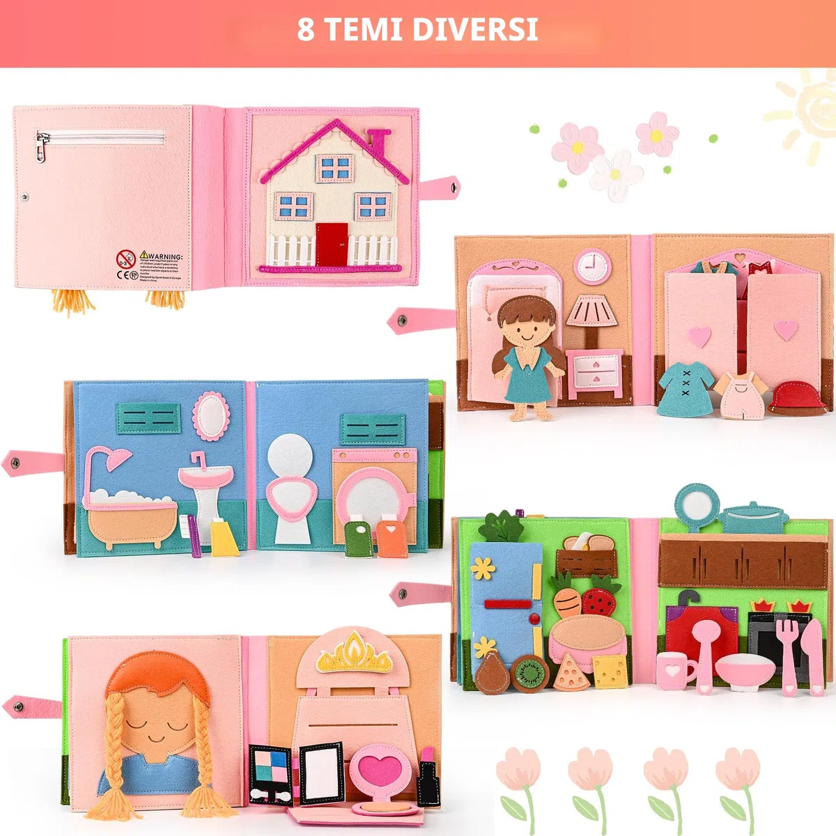 Quiet Book A partire da 1 anno 2 anni | Libri per bambini in tessuto morbido apprendimento precoce abilità di vita giocattoli educativi Montessori regalo per ragazze ragazzi, NC-8