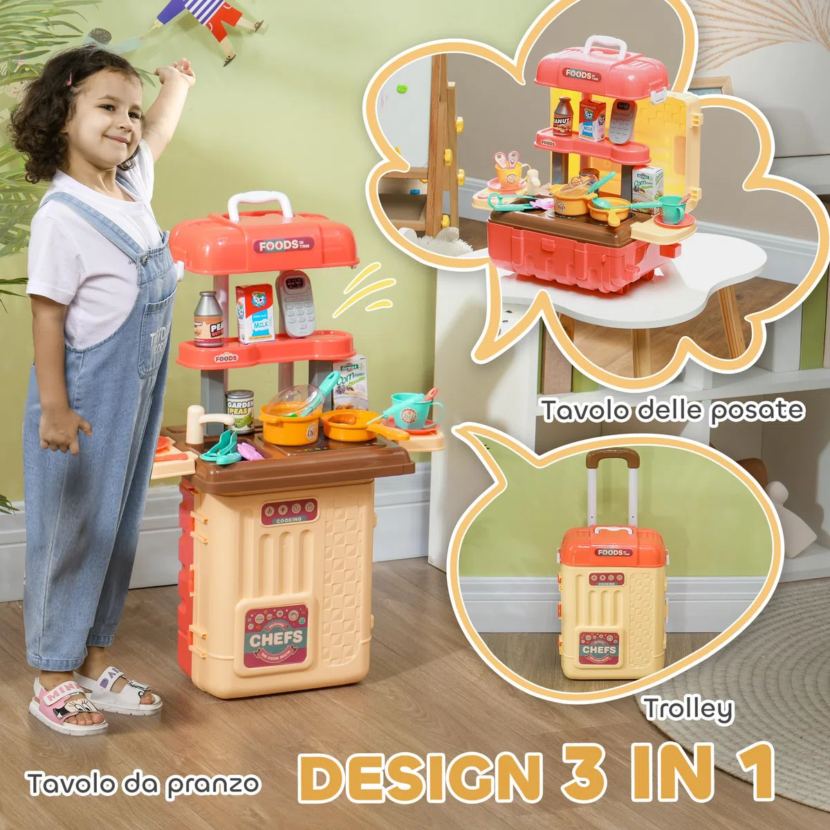 AIYAPLAY Gioco per Bambini 3 in 1 da 36 Pezzi con Tavolo per Posate, Tavolo da Pranzo e Trolley, Cucina Giocattolo in PP e ABS, 48x26x64 cm, Multicolore