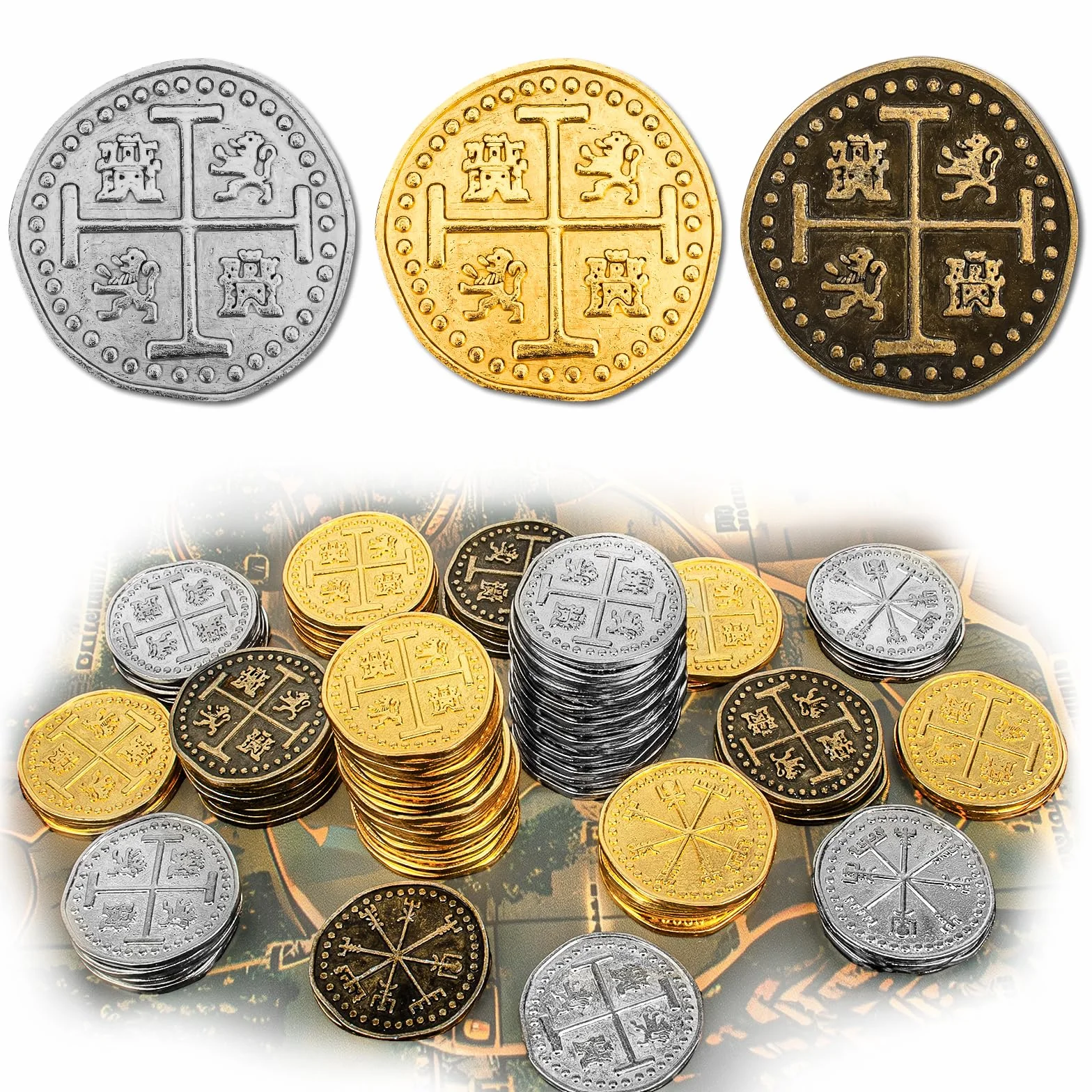 Byhoo 100 Pcs Metallo Pirata Token Set Monete Set Realistico Tesoro Spagnolo Monete per Pirati Scrigno del Tesoro Caccia del Tesoro Cosplay Giocattoli Da Tavolo