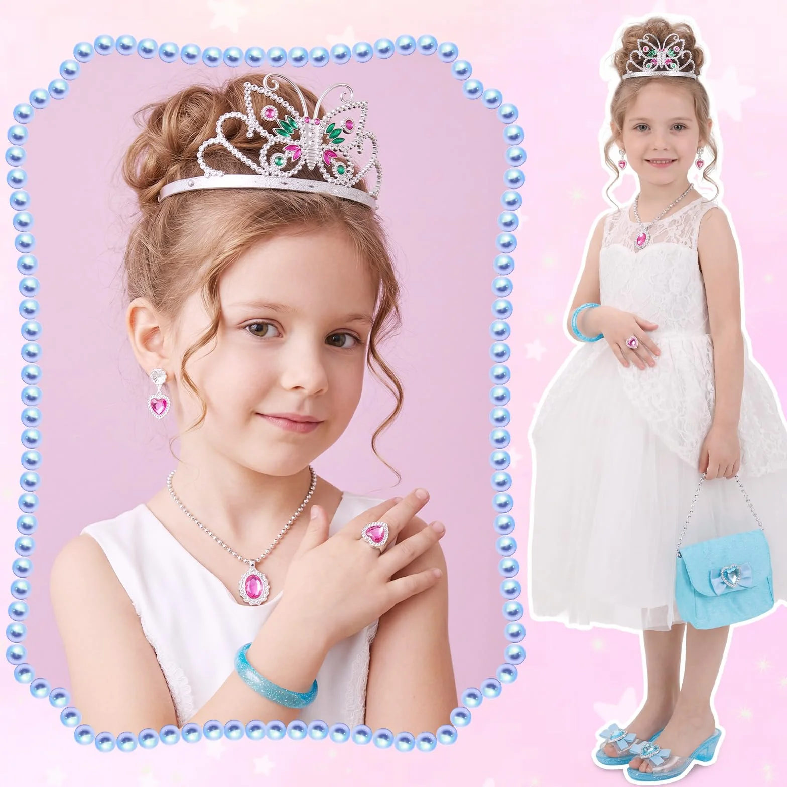 deAO Boutique Gioielli da Principessa con 4 Paia di Scarpe, bracciali, Collana, Borsa, Orecchini e Corona a Forma di Farfalla Tiara Inclusi